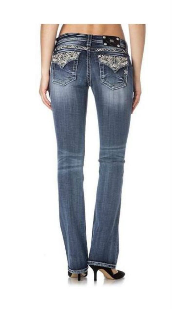 Miss Me Women's Embellished Flap Pocket Bootcut Jeans - Stylish Denim Pants for Casual Wear, Work & Night Out