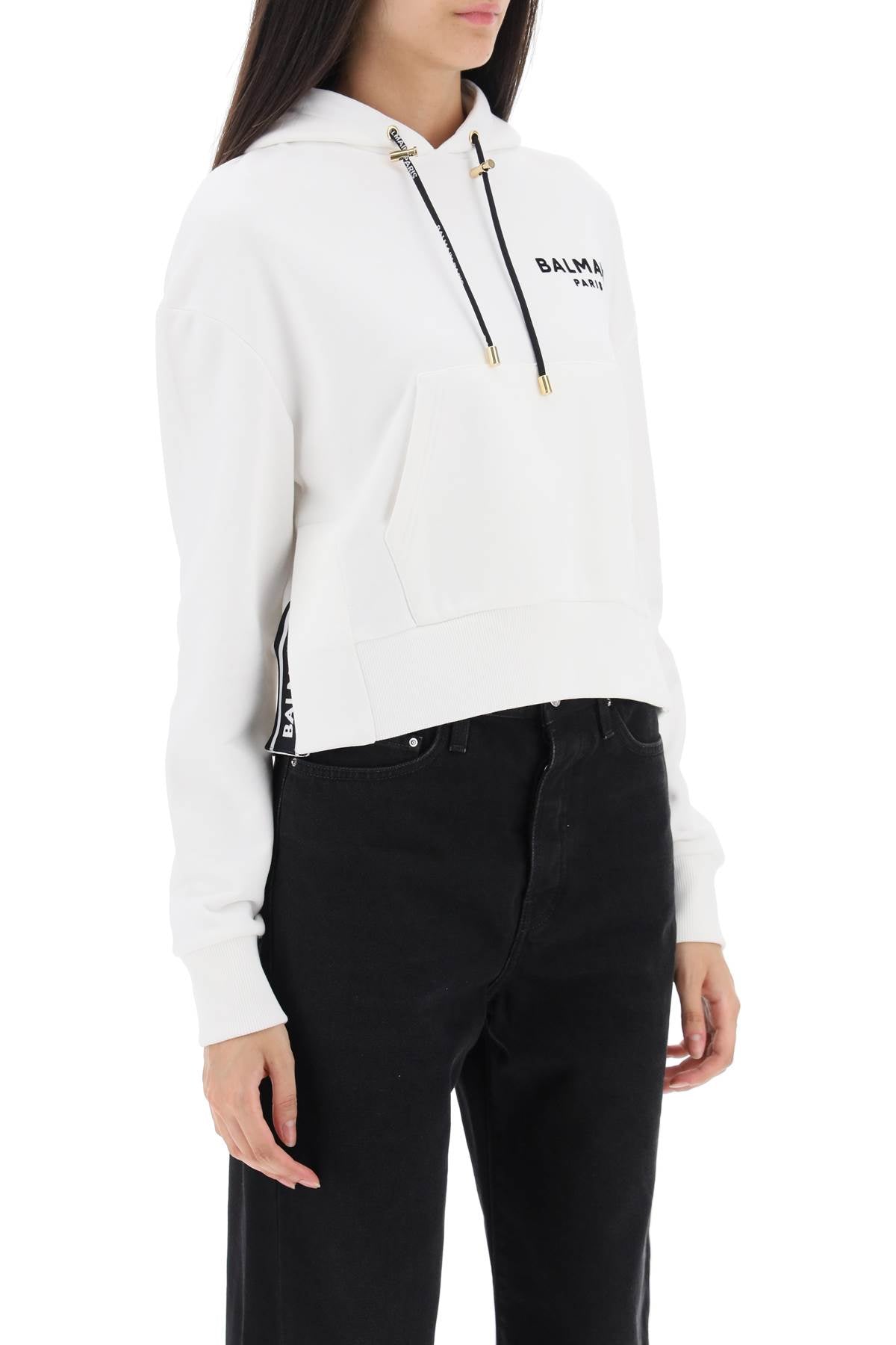 Balmain Cropped Sweatshirt with Flocked Logo Print - Stylish Women's Fashion for Casual Wear & Street Style