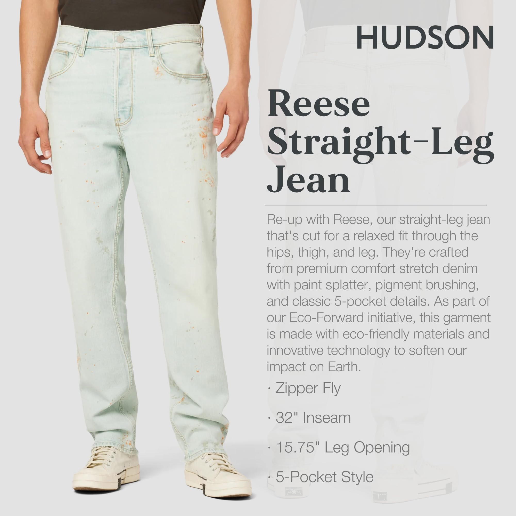 HUDSON Men's Reese Straight Leg Jeans - Size 32 | Comfortable Slim Fit Denim Pants for Casual Wear & Everyday Outfits