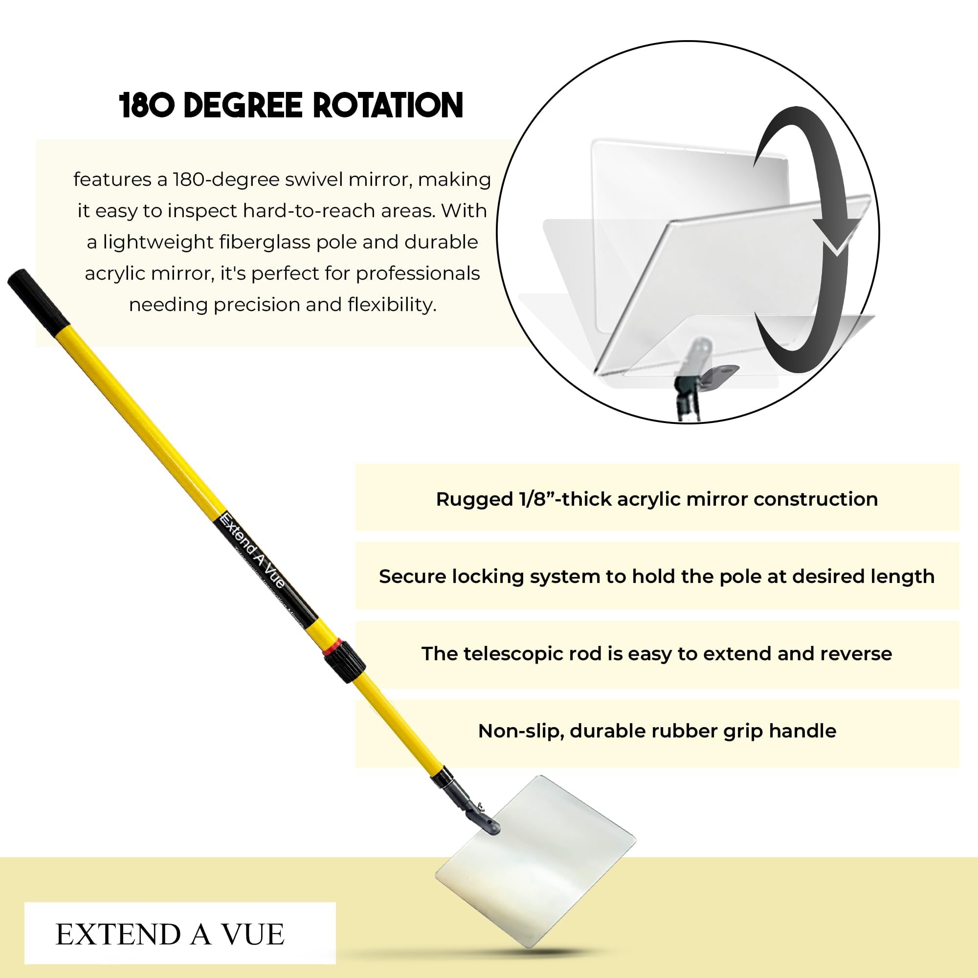 Telescoping Inspection Mirror - 3 ft to 6 ft Extendable Fiberglass Pole, 8x10 Inch Acrylic Mirror, Lightweight & Durable for Auto Repair, HVAC, Plumbing & Home Maintenance