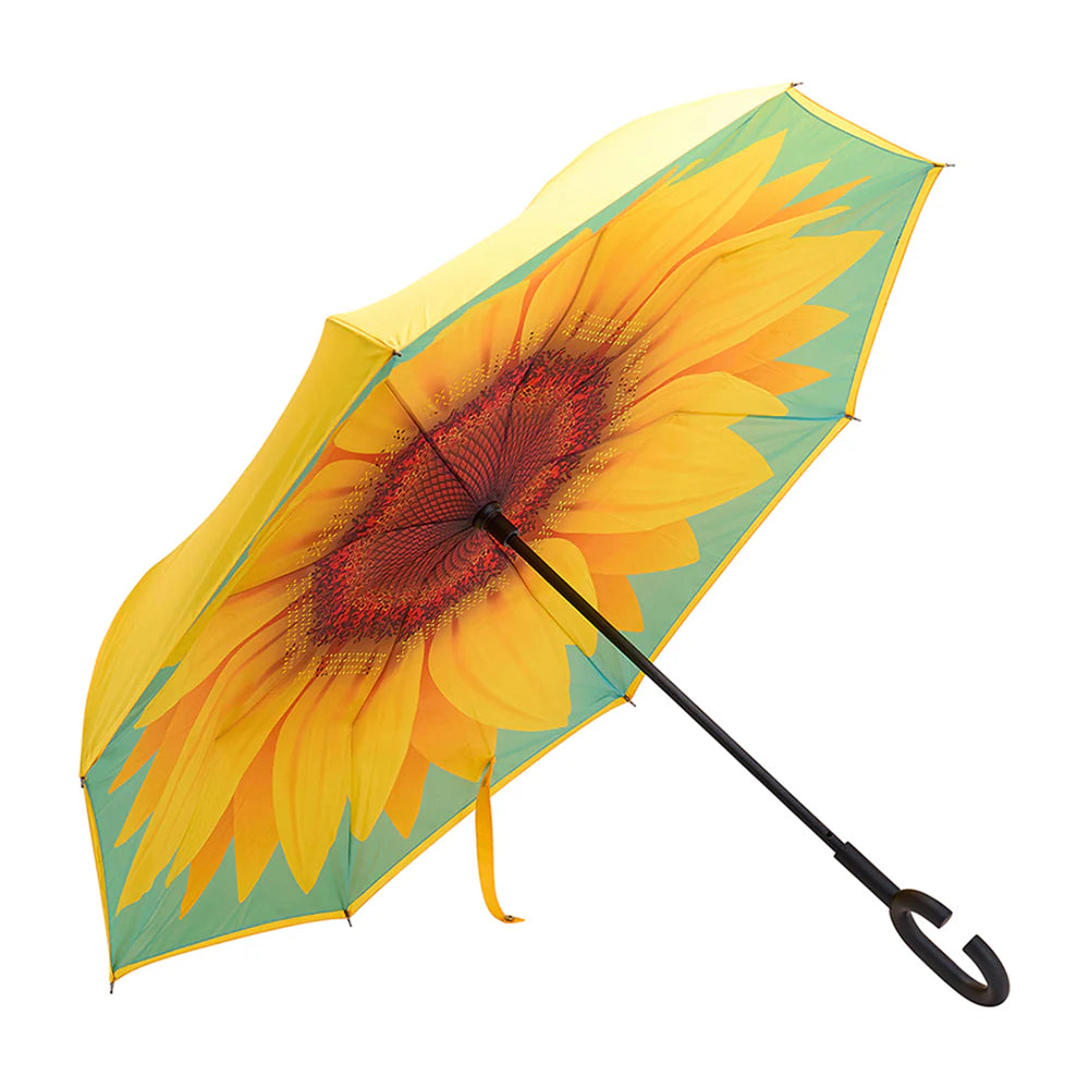 Annabel Trends Reverse Umbrella with Sunflower Design - Compact Windproof Inverted Folding Umbrella for Rain & Sun Protection - Perfect for Commuting, Walking Dogs, and Outdoor Activities