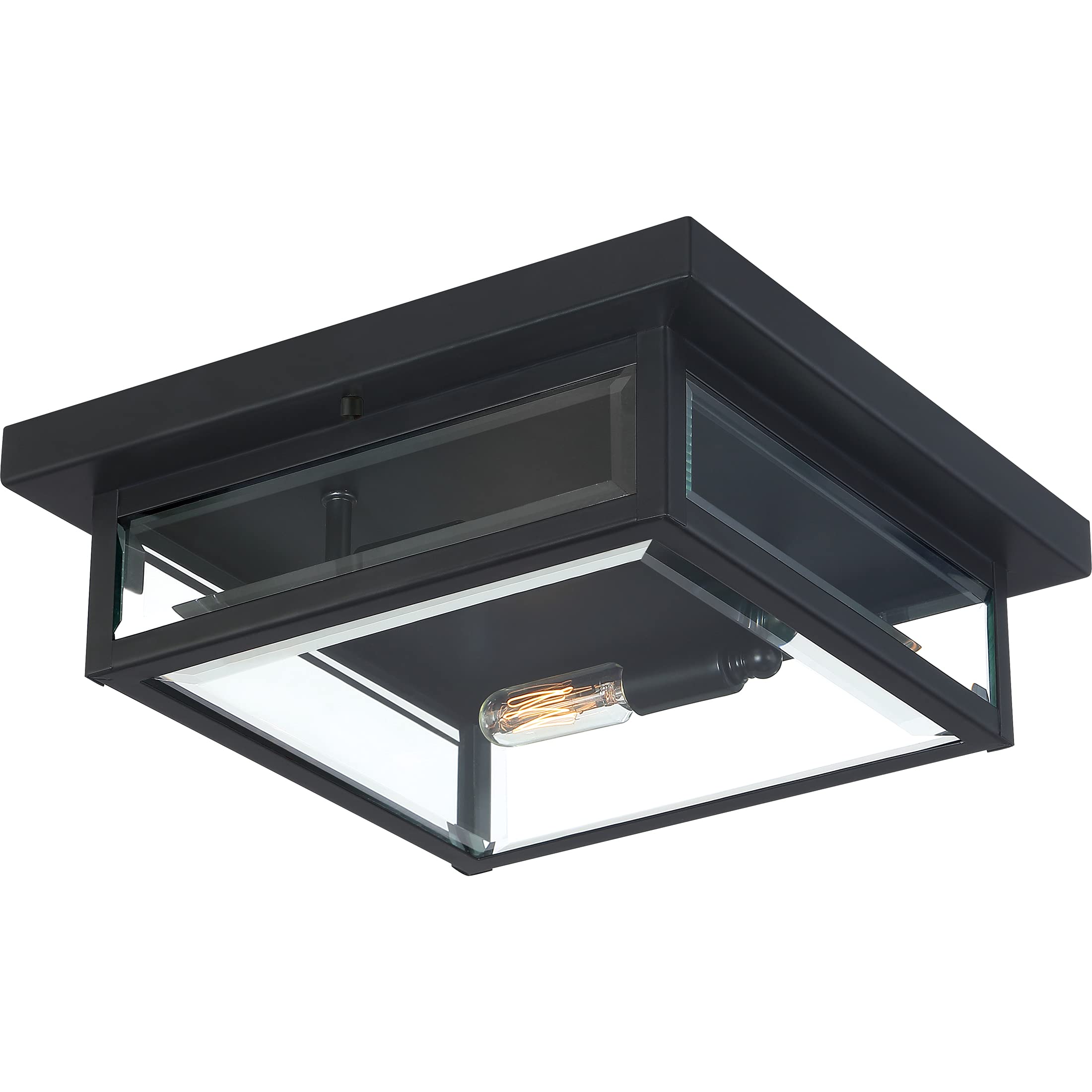 Quoizel Westover 12 Inch 2-Light Outdoor Flush Mount Ceiling Light - Black Industrial Lantern with Beveled Glass - Farmhouse Porch Patio Hallway Yard Lighting - Perfect for Outdoor Entryway, Garden & Backyard Decor