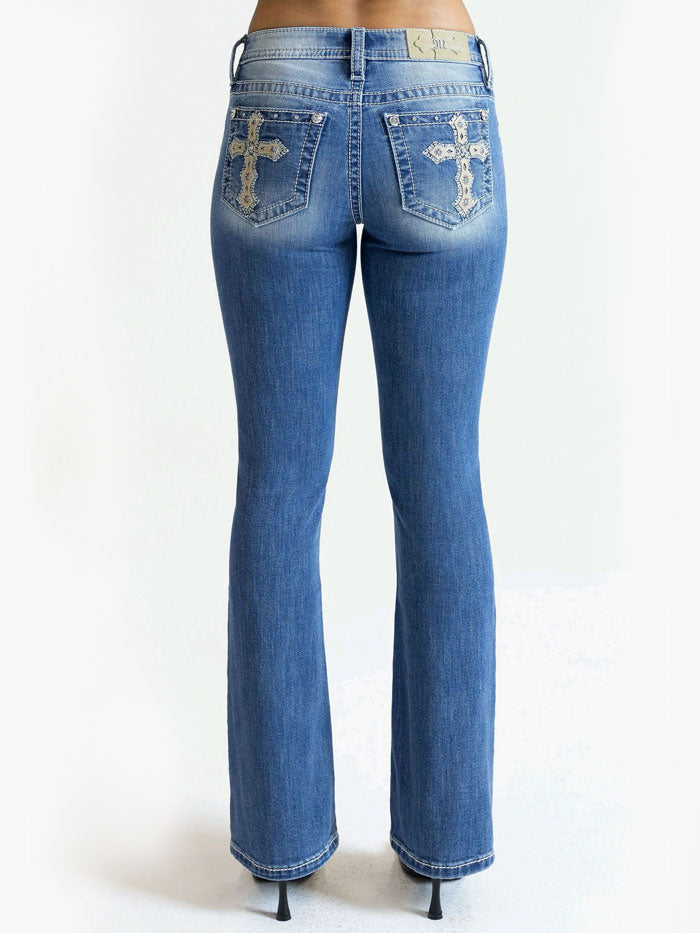 Miss Me M9358BV Women's Cross Mid Rise Bootcut Jeans in Medium Blue - Perfect for Casual Outings, Work & Everyday Wear