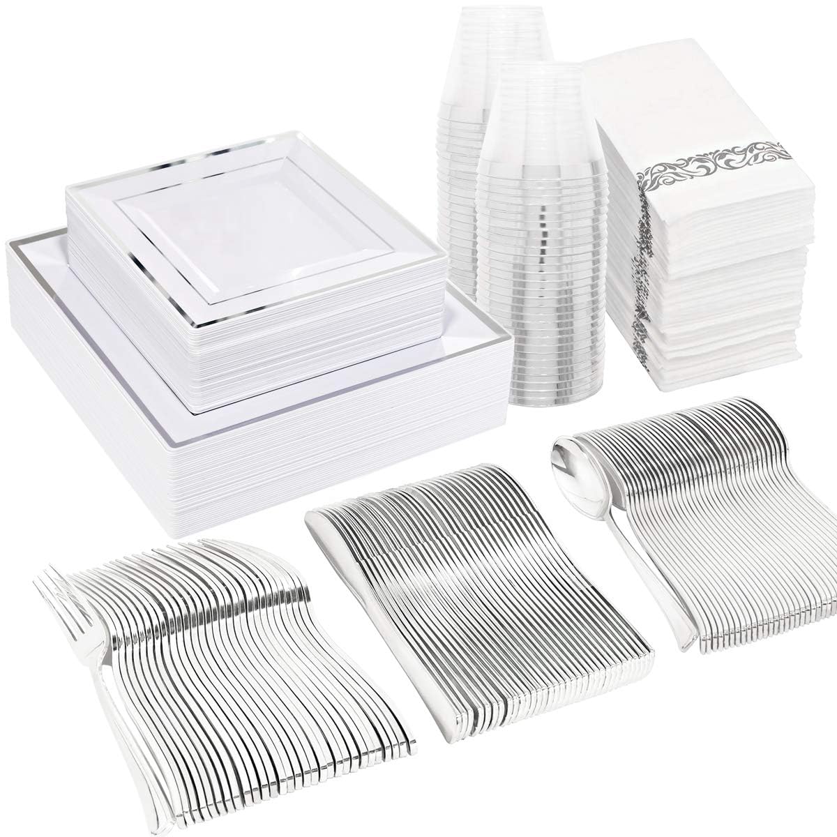 50-Pack Silver Plastic Plates with Disposable Cutlery Set - Square Dinner Plates, Silver Plastic Cups & Utensils for Wedding, Party, Banquet & Catering Events - Elegant Disposable Tableware for Easy Cleanup