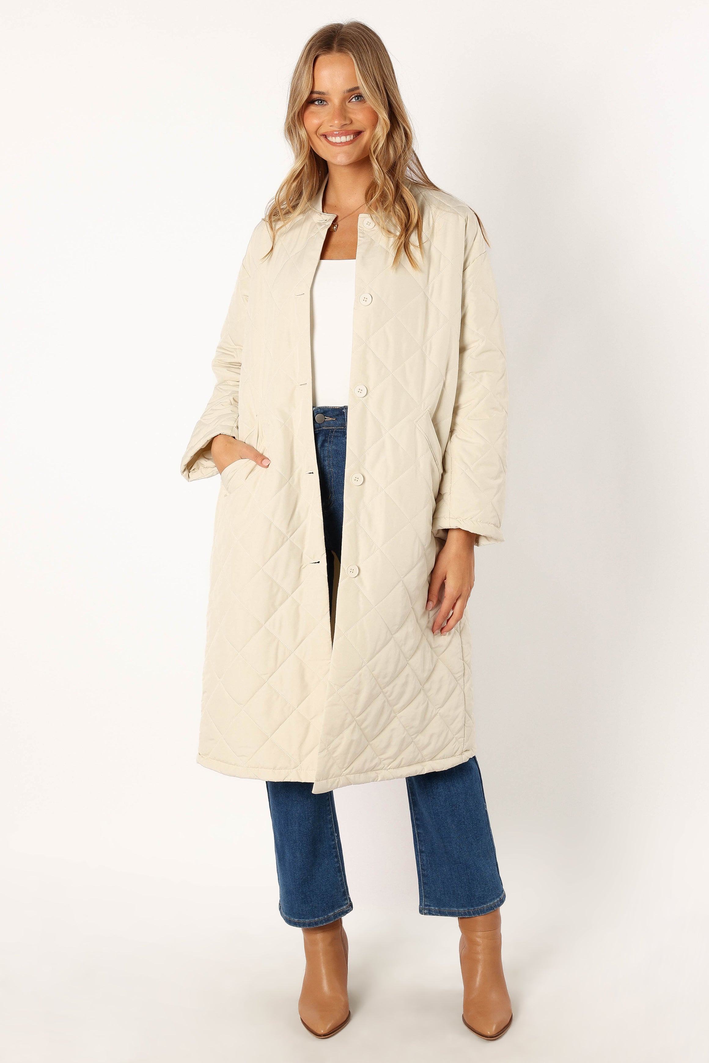Clea Quilted Jacket Women's Lightweight Puffer Coat - Bone White | Stylish Winter Outerwear for Casual Wear & Outdoor Activities