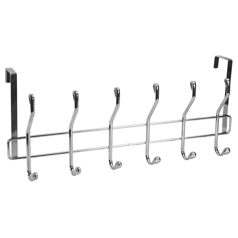 Home Basics Wave 6-Hook Over The Door Hanger - Heavy Duty Coat Rack for Bathroom, Bedroom & Closet - Organize Robes, Hats, Bags & Towels - Satin Nickel Finish - Perfect for Small Space Storage & Home Organization
