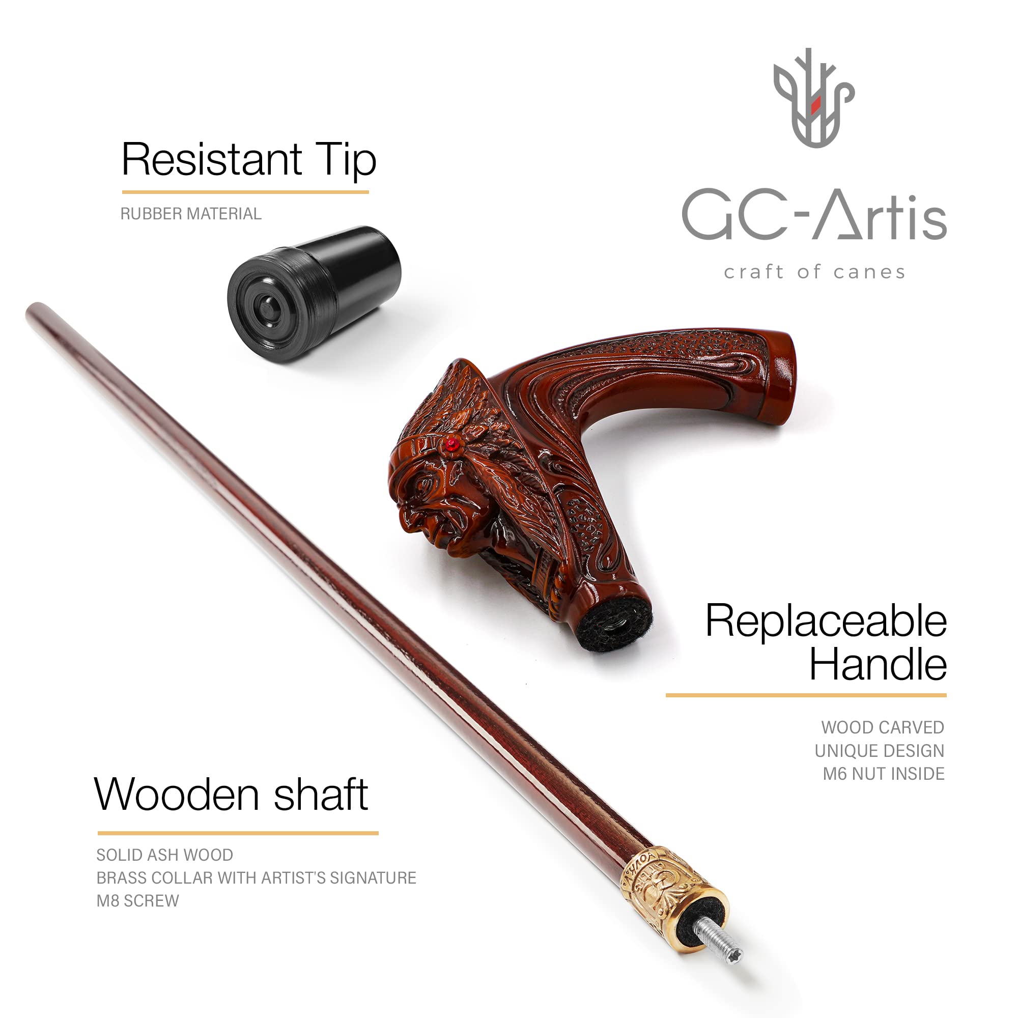 Premium Indian Chief Walking Cane - Handcrafted Black Wooden Shaft with Light Handle (36