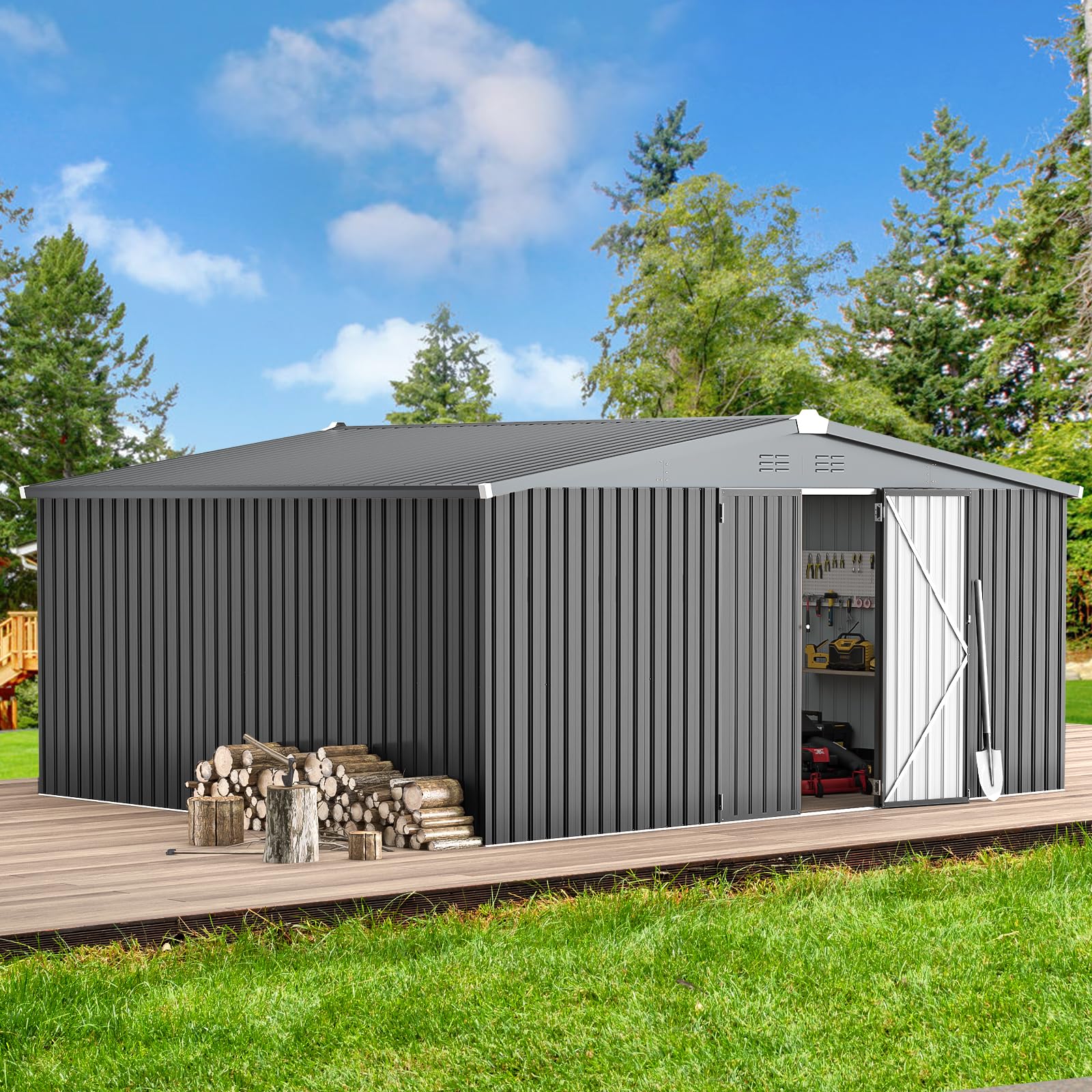 AECOJOY 14' x 12' Outdoor Metal Storage Shed - Heavy Duty Steel Utility Shed with Lockable Doors for Garden, Patio & Backyard - Weather Resistant Dark Grey Tool Shed for Lawn Equipment, Bikes & Seasonal Storage