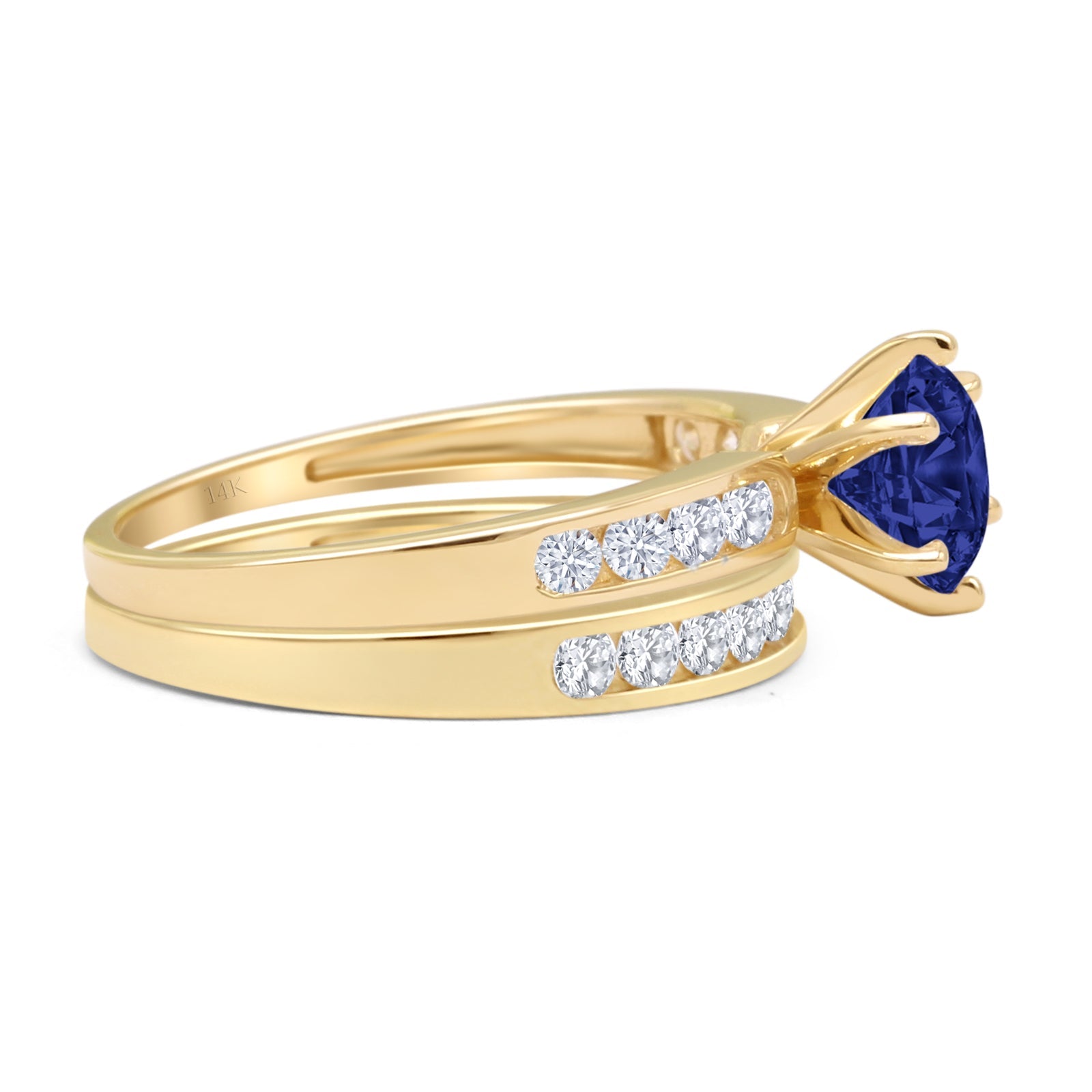 14K Yellow Gold Two Piece Half Eternity Round Blue Sapphire & CZ Cathedral Wedding Ring Set - Elegant Bridal Jewelry for Engagement, Anniversary and Special Occasions