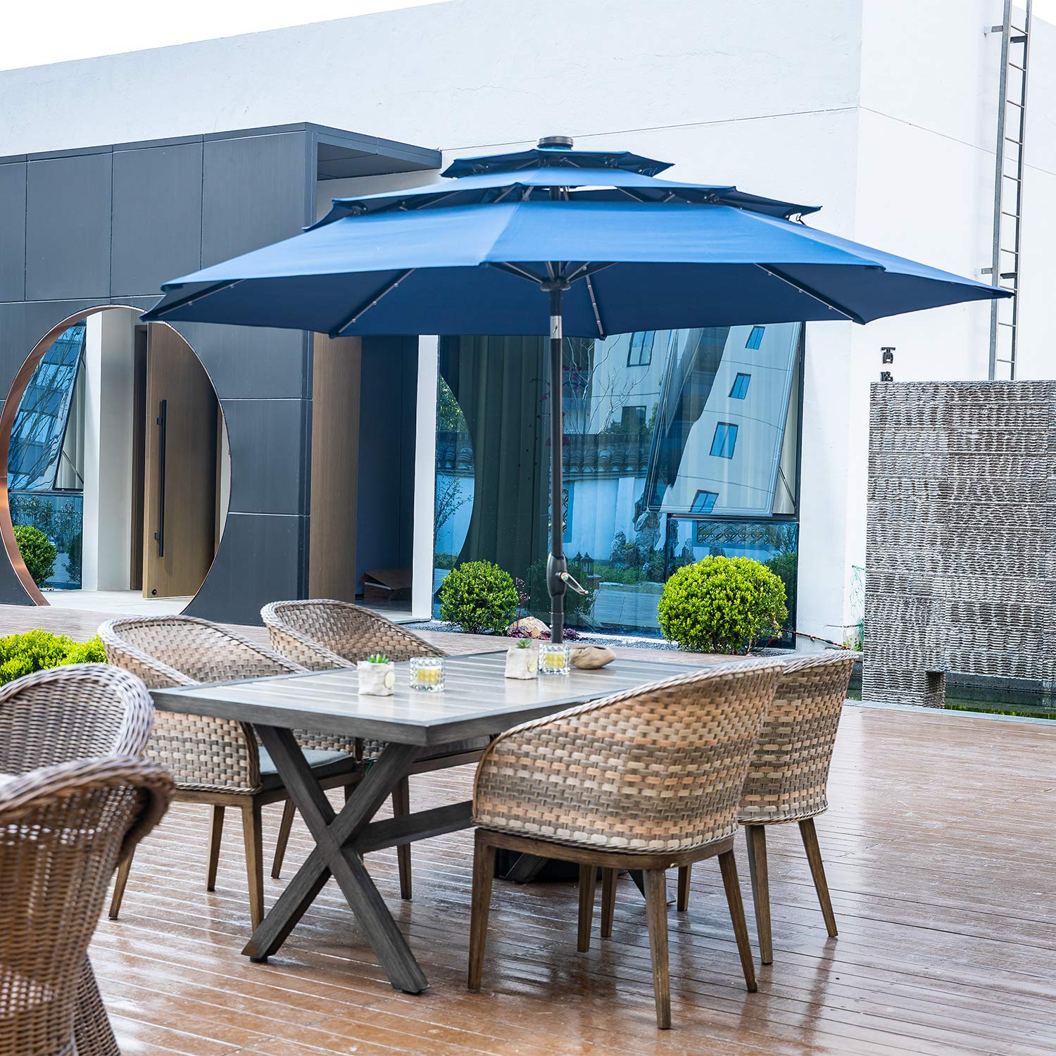 10FT 3-Tier Windproof Outdoor Patio Umbrella with LED Lights - Waterproof Cantilever Market Umbrella with Tilt & Crank - Navy Blue - Perfect for Backyard, Poolside, Restaurant & Outdoor Dining Areas