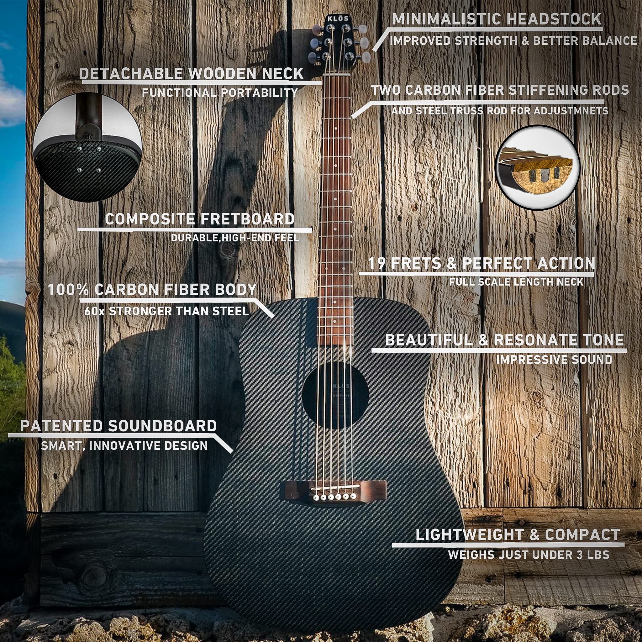 Premium KLOS Full Size Carbon Fiber Acoustic Guitar - Black | Lightweight & Durable Travel Guitar with Gig Bag, Strap, Capo | Perfect for Beginners, Professionals & Outdoor Performances