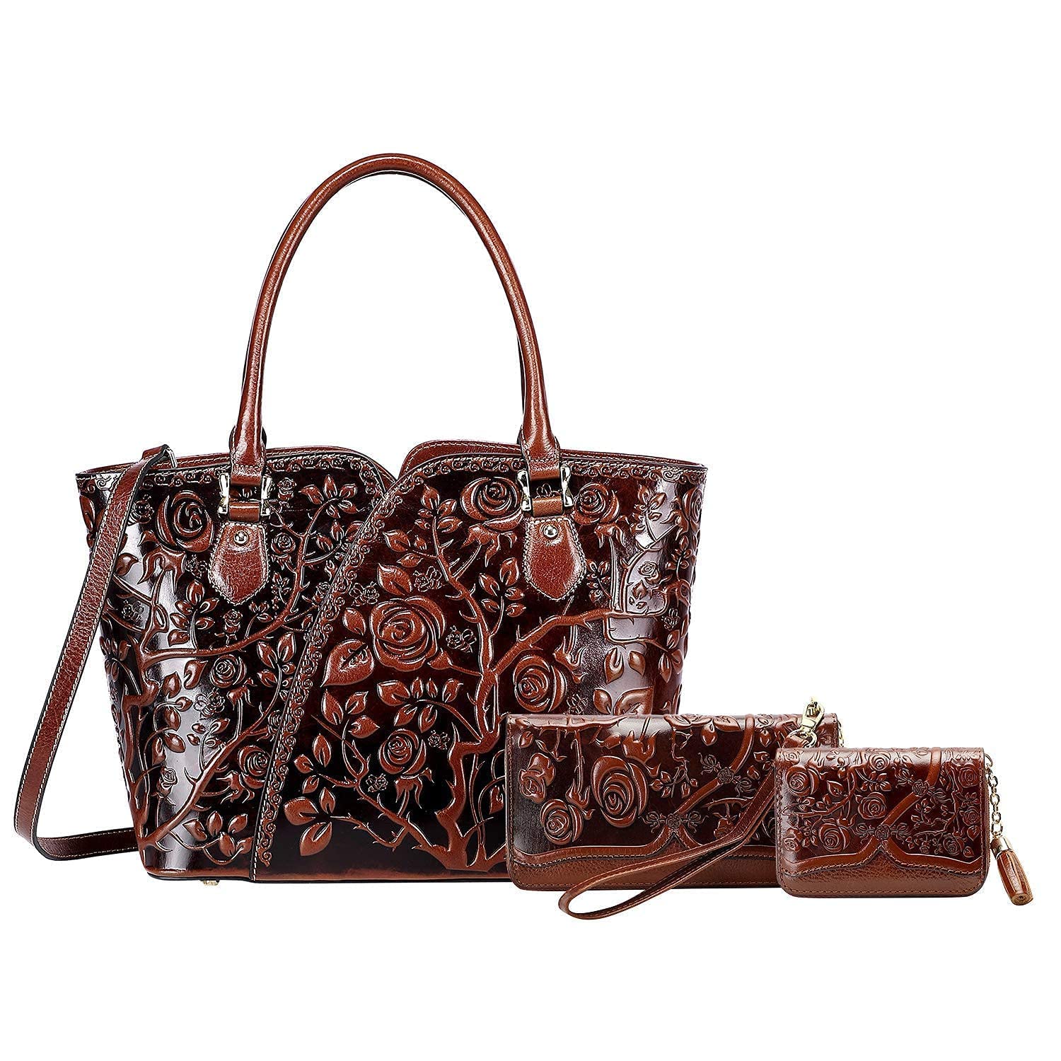 PIJUSHI Designer Floral Handbags for Women - Elegant Top Handle Satchel Purse & Genuine Leather Floral Wallet Wristlet with Credit Card Holder | Perfect for Work, Travel, and Special Occasions