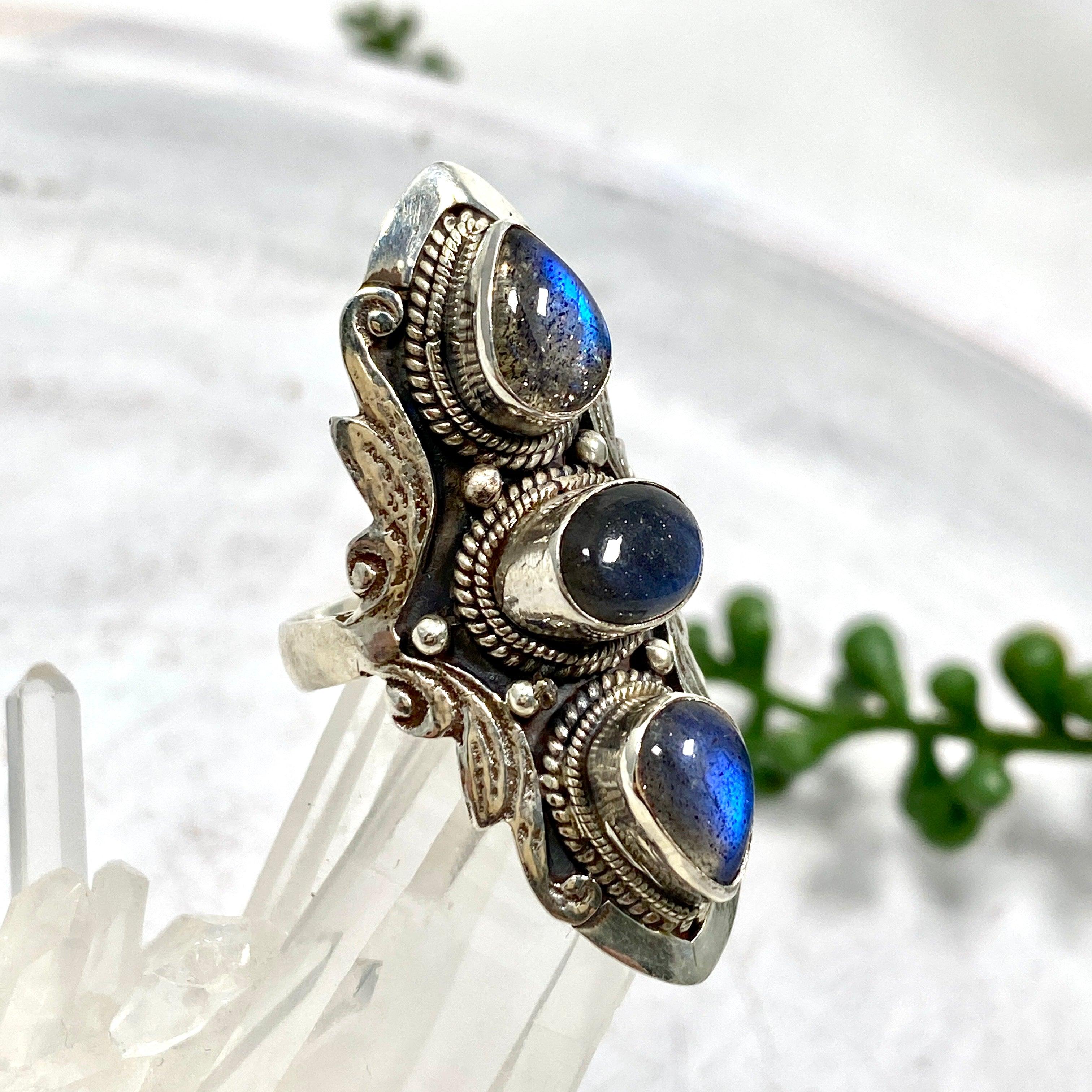 Boho Style Labradorite Multi-Stone Ring Size 7.5 - Handmade Sterling Silver Adjustable Statement Jewelry for Women, Perfect for Festivals, Weddings & Boho Fashion