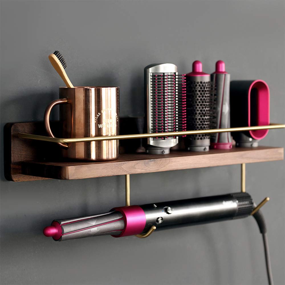 Dyson Airwrap Styler Holder - Wall Mounted Wooden Stand for Hair Curling Wand & Brush Barrel - Bathroom & Bedroom Storage Organizer with Hook for Comb, Cream & Facial Cleanser - Perfect for Home & Salon Use