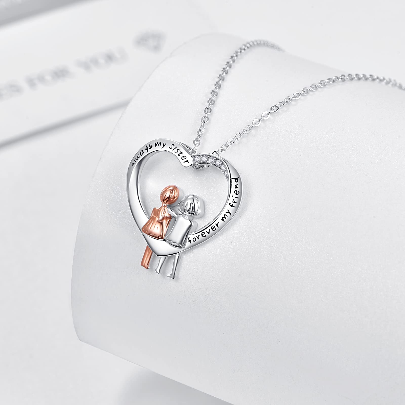 Sterling Silver Sister Necklace 'Always My Sister Forever My Friend' - Heart Shaped Friendship Jewelry for Women & Girls - Perfect Birthday Gift for Best Friends, Sister Gifts, and Special Occasions