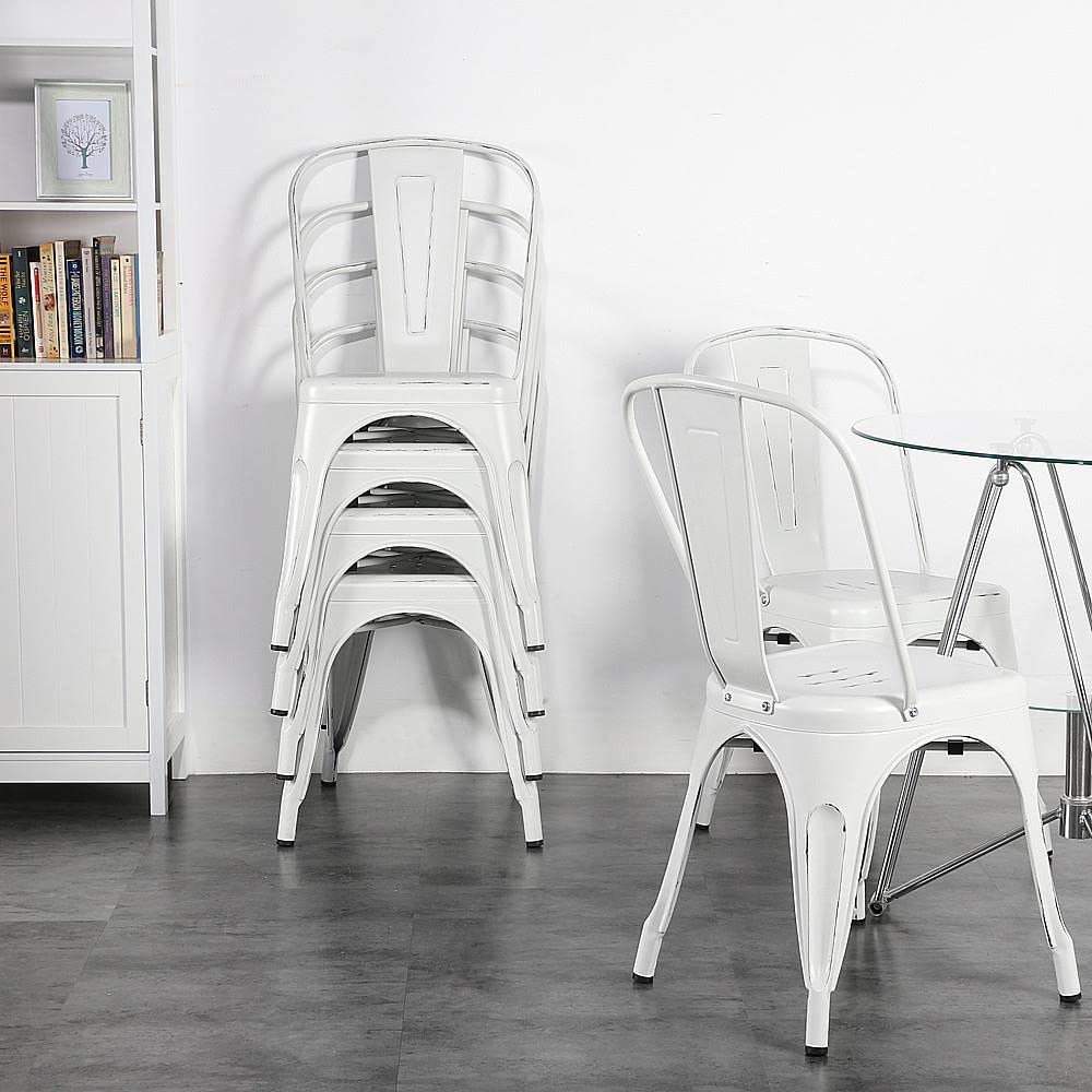 Yaheetech 4-Pack Metal Dining Chairs - Indoor/Outdoor Stackable Bistro Chairs for Patio, Cafe, Restaurant - Distressed White Finish - Perfect for Home Dining, Outdoor Entertaining & Commercial Use