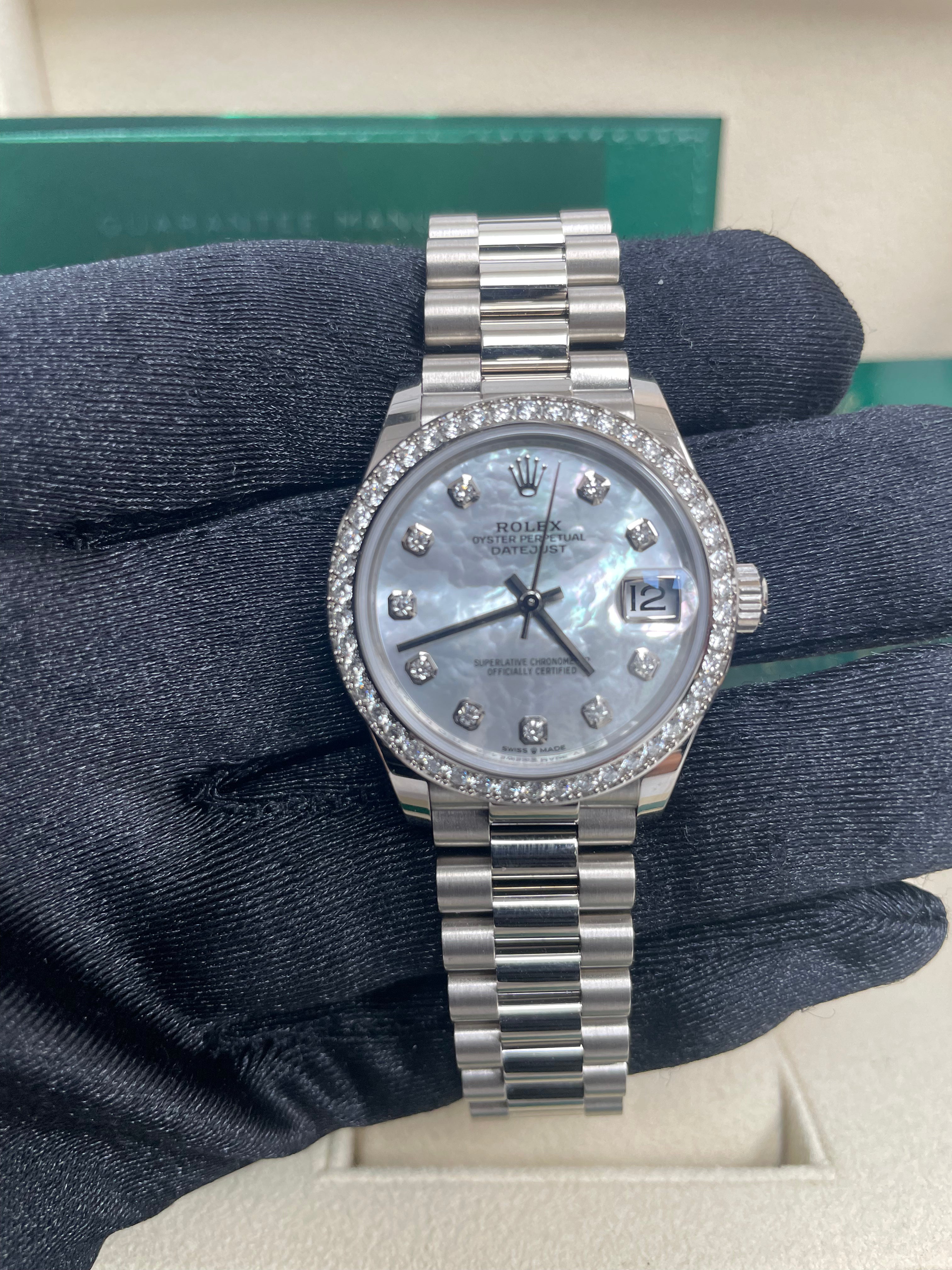 Rolex Datejust 31 White Gold Watch with Diamond Bezel & Mother of Pearl Diamond Dial - President Bracelet (Ref #278289RBR) | Luxury Women's Timepiece for Special Occasions & Formal Events