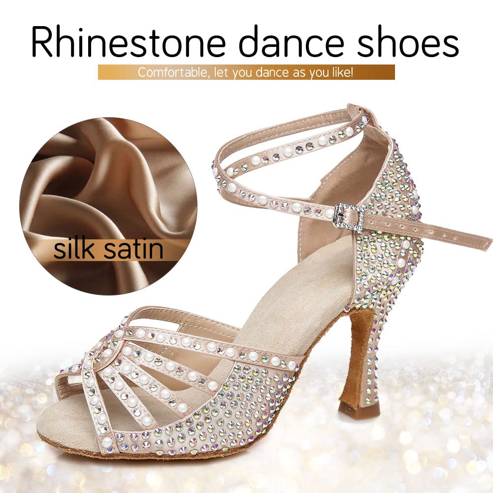 Professional Latin Dance Shoes for Women - Rhinestone Satin Ballroom Shoes for Salsa, Tango & Bachata - Perfect for Performances, Competitions & Dance Classes