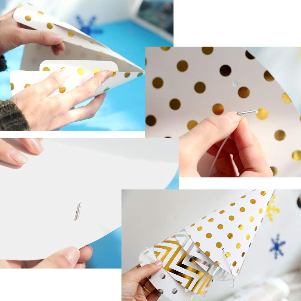 Boieo 12-Pack Gold Polka Dot Striped Birthday Party Hats for Adults & Kids - Fun Cone Hats for Birthday Celebrations, Baby Showers, and Festive Events