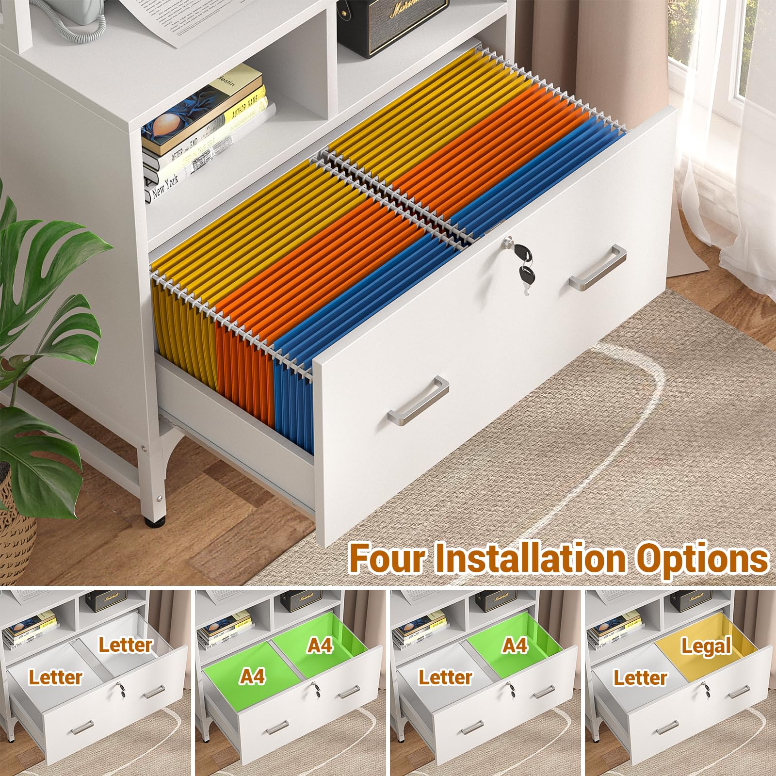 Homieasy File Cabinet with USB Charging Station - Lockable Vertical Filing Cabinet with Large Drawer & Storage Shelves - Office Printer Stand Organizer for Letter/A4/Legal Size Documents - Perfect for Home Office Organization & Workspace Storage (White)