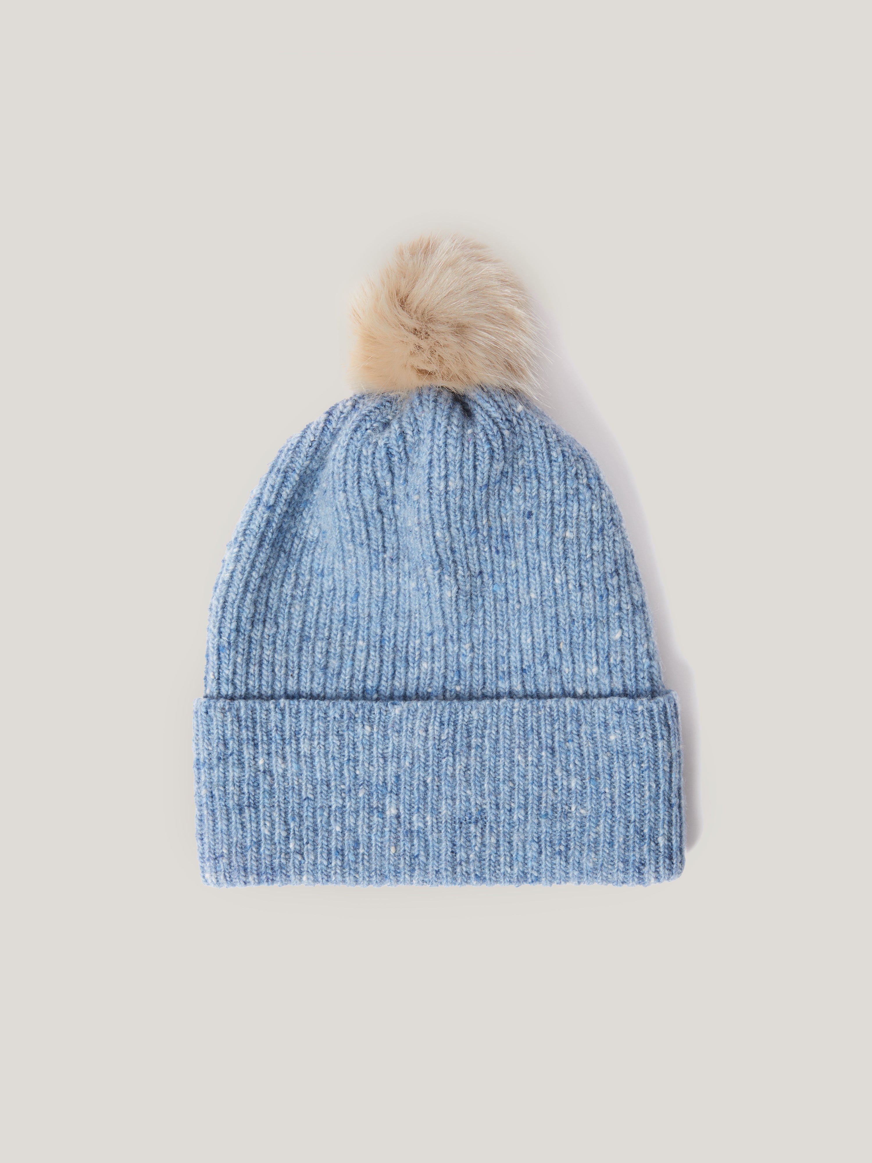 Donegal Pom Hat for Men & Women - Soft Wool Winter Beanie with Faux Fur Pom - Cozy Blue Knit Cap for Cold Weather - Perfect for Skiing, Snowboarding & Outdoor Activities
