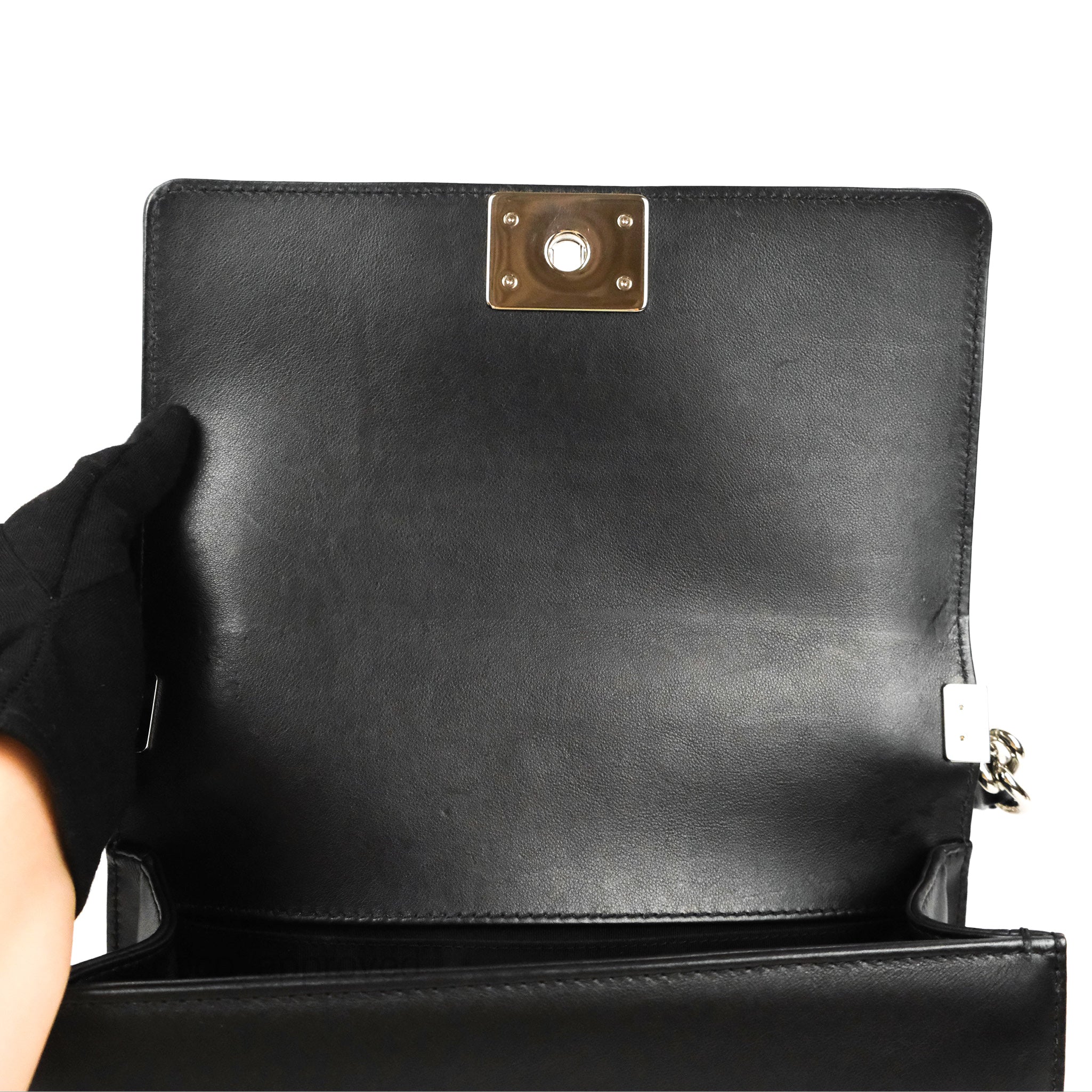 Chanel Chevron Braid Around Chain Boy Bag - Black Calfskin Leather with Silver Hardware | Luxury Crossbody Bag for Women, Perfect for Date Night & Evening Events
