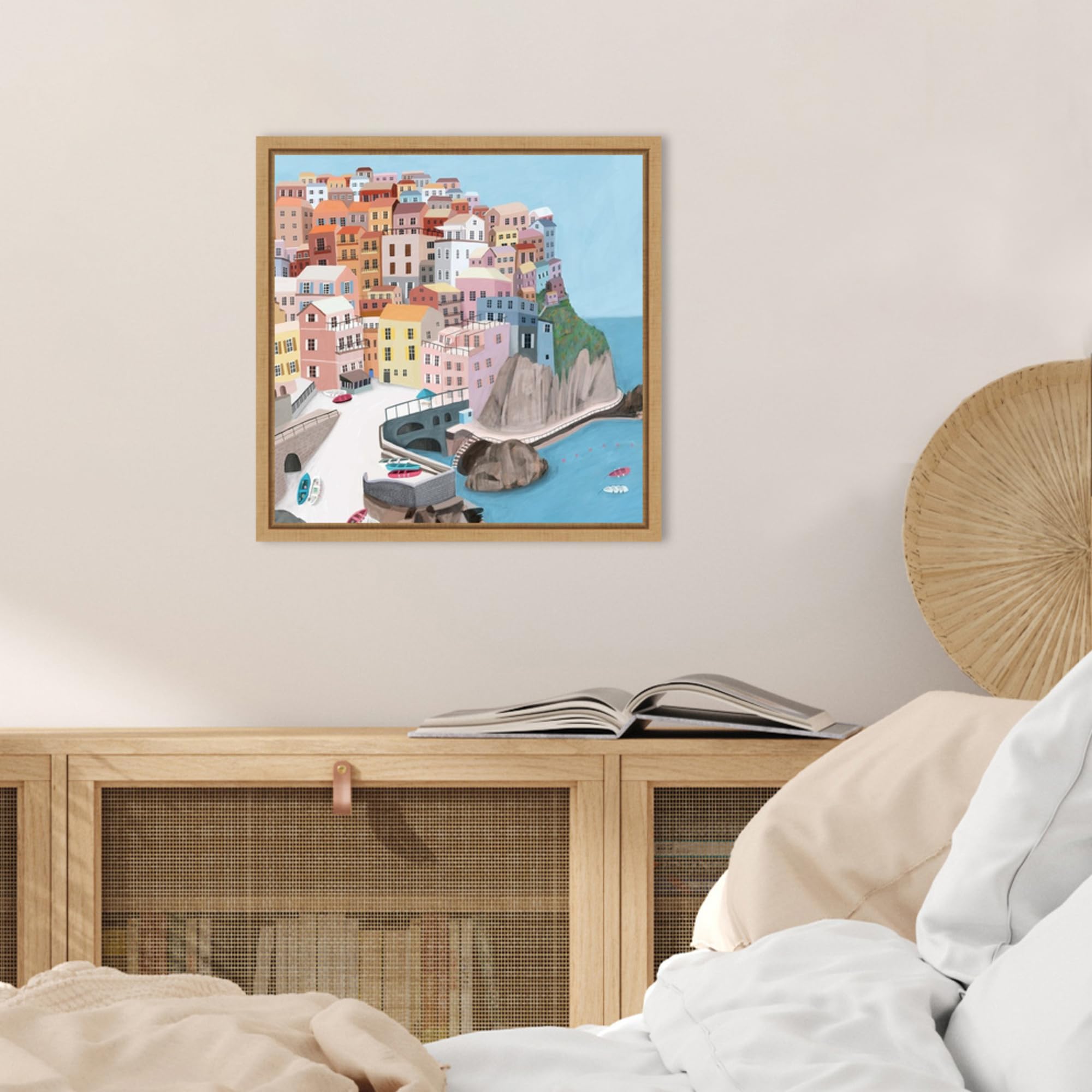 Amanti Art 16x16 Inch Framed Canvas Wall Art - Manarola Italy Landscape Painting by Carla Daly, Coastal Beach Artwork, Modern Home Decor for Living Room, Bedroom, Office | Perfect Gift for Housewarming & Interior Design
