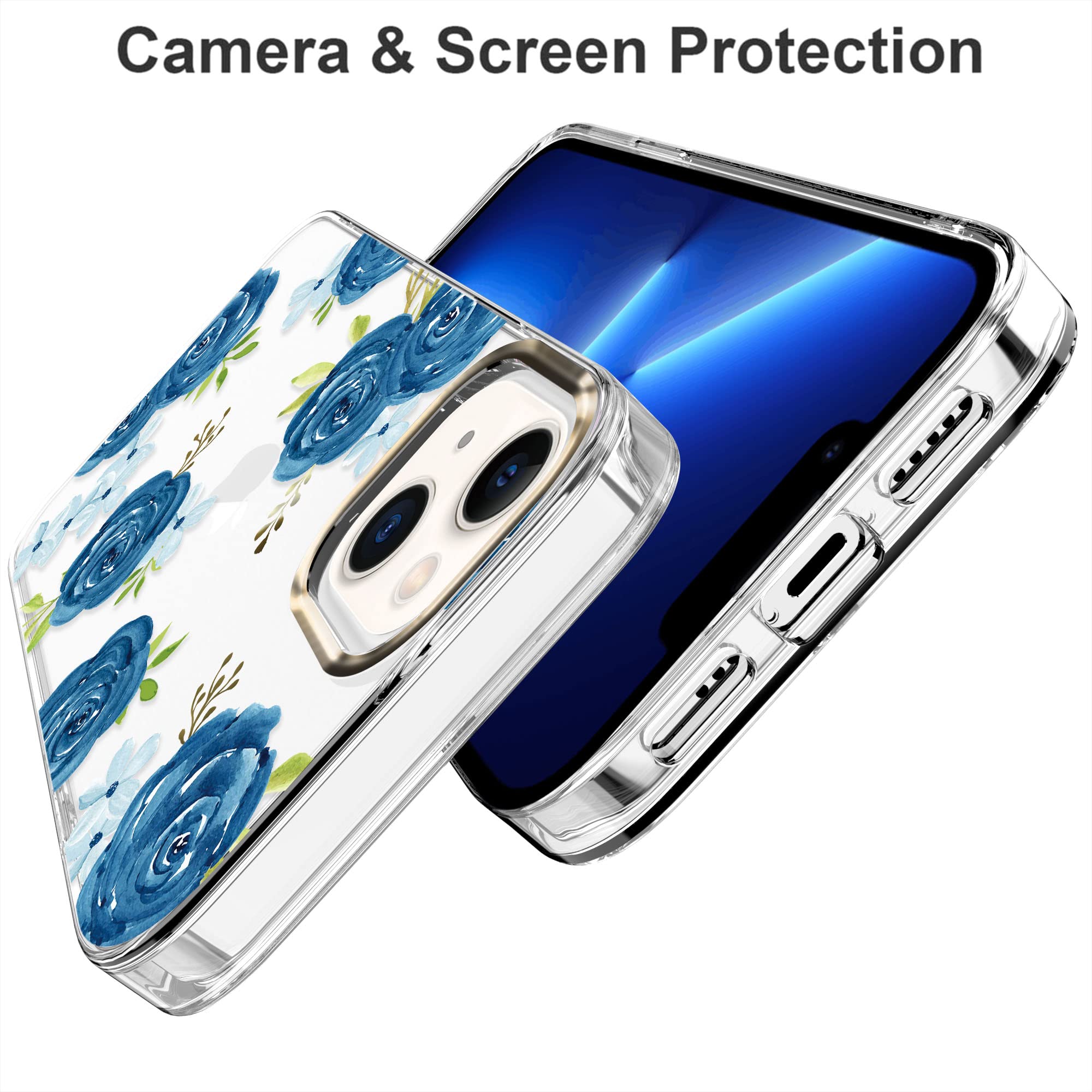 BAISRKE Clear Floral Shockproof Hard Case for iPhone 13 (6.1 inch 2021) - Blue Blossoms Design | Protective Phone Cover for Women | Perfect for Everyday Use, Work & Travel