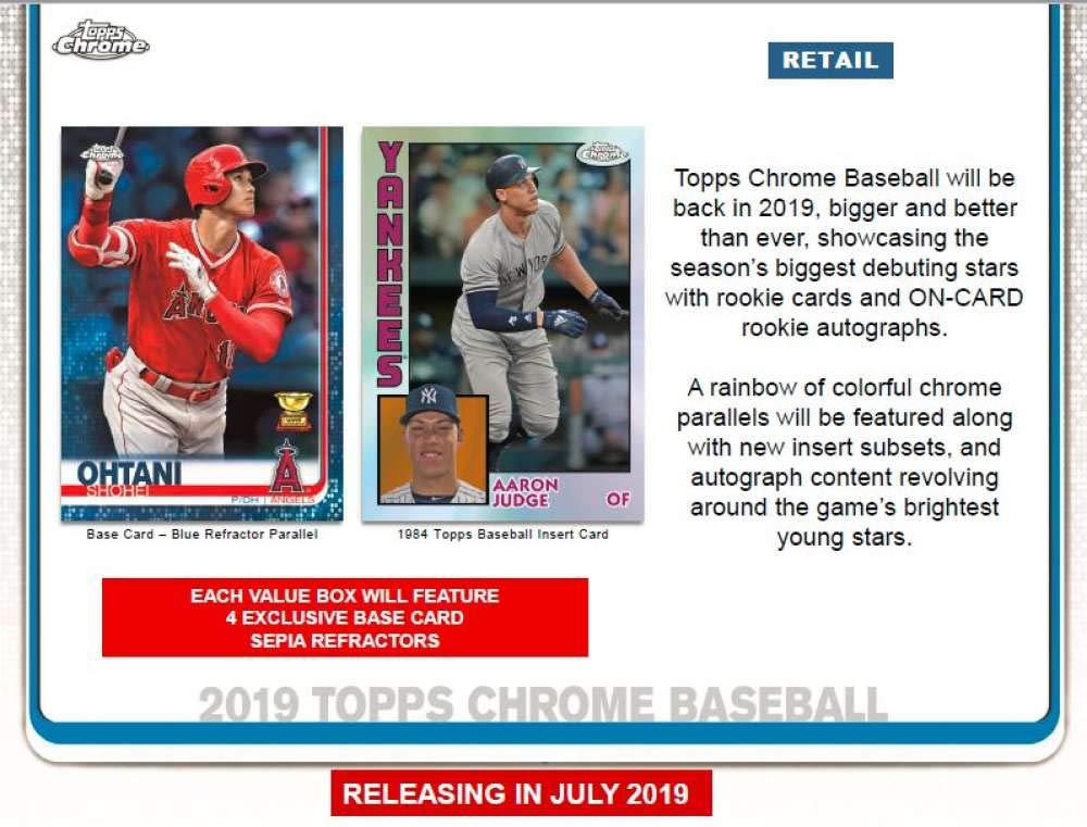 2019 Topps Chrome Baseball Blaster Box - 8 Packs (4 Cards Each) with 4 Sepia Refractors | MLB Trading Cards Collection for Sports Fans & Collectors | Perfect for Gifts, Display, and Investment