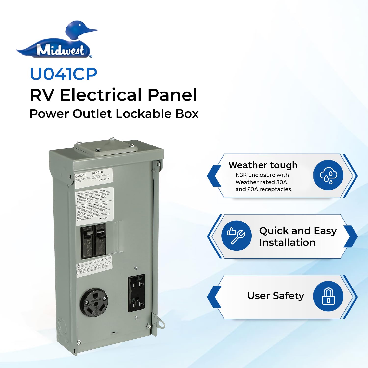 MIDWEST U041CP 70A Lockable Electrical Box - 70 Amp RV Power Outlet Panel with Padlock for Security | Weatherproof Outdoor Electrical Enclosure for Campers, Trailers & Marine Use