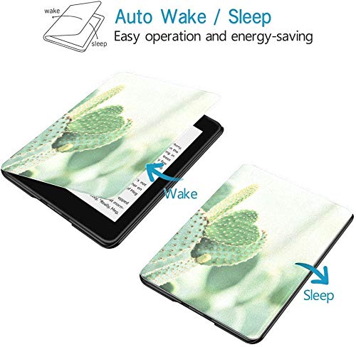 Premium Leather Cover for Kindle Paperwhite 10th Generation (2018) - Auto Wake/Sleep, Green Cactus - Perfect for Reading, Travel & Daily Protection