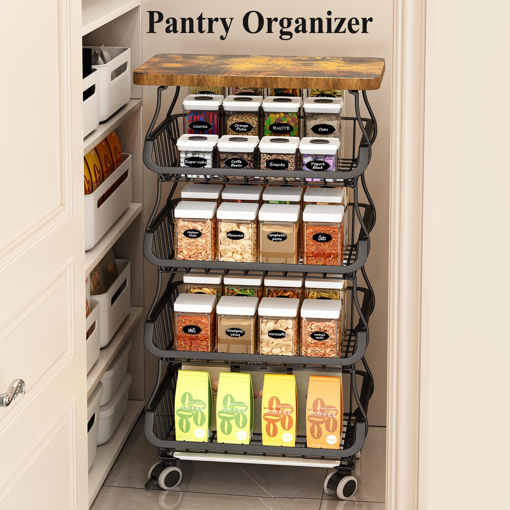 Wooden Top Metal Wire Basket Stand - Stackable Kitchen Pantry Organizer for Fruits, Vegetables, Snacks, Jars & Containers | Black Storage Cart for Home, Office or Restaurant Use
