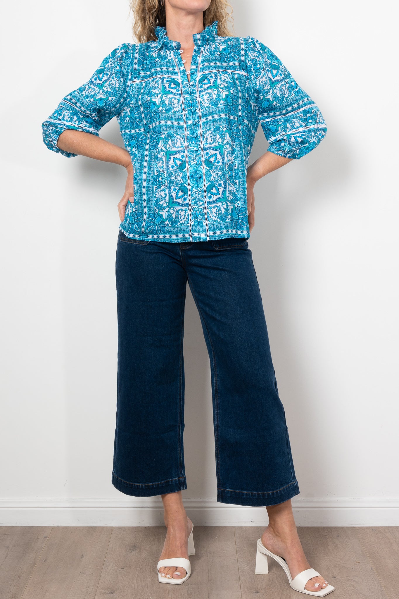 Zoe Kratzmann Wayfarer Top - Women's Fashion Blue Tile Print Blouse for Casual Wear, Office Outfits & Summer Style