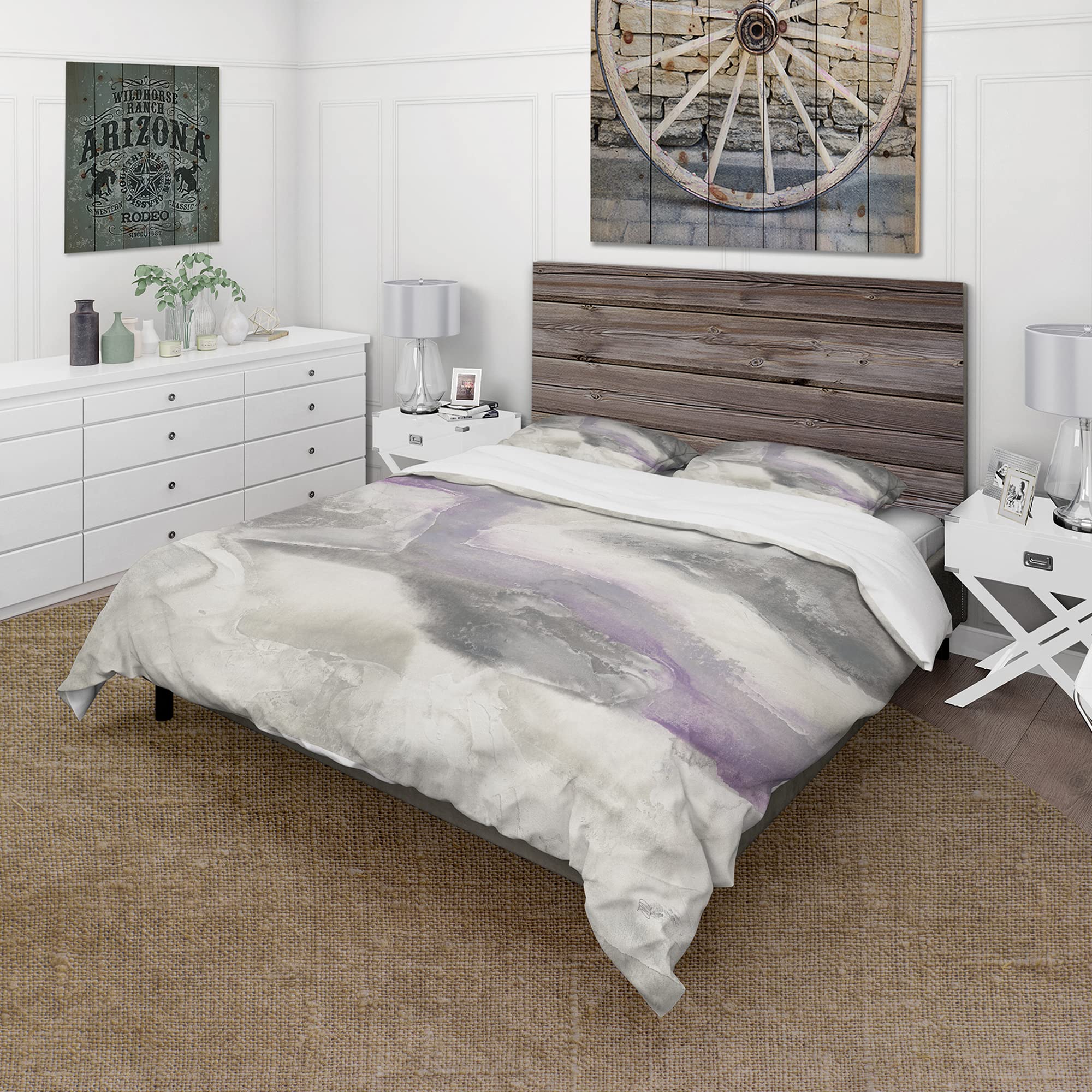 DesignQ Minimalist Watercolor Purple Farmhouse Duvet Cover Set - Queen Size 3-Piece Country Charm Bedding | Soft & Breathable All-Season Comforter Cover for Cozy Bedroom Decor