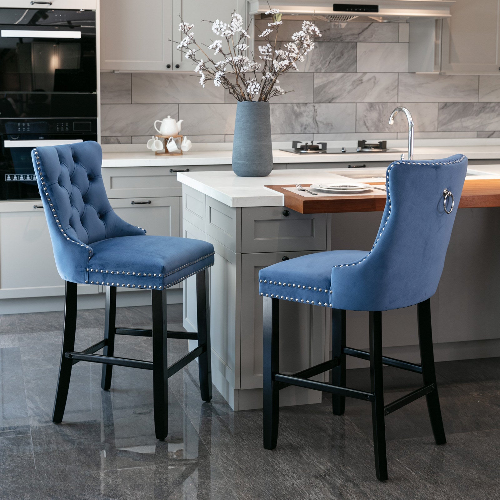 Modern Velvet Upholstered Bar Stools with Button Tufted Back & Wooden Legs - Chrome Nailhead Trim Accent - Set of 2 Blue Bar Chairs (SW2002BL) for Kitchen Island, Breakfast Nook & Home Bar Decor