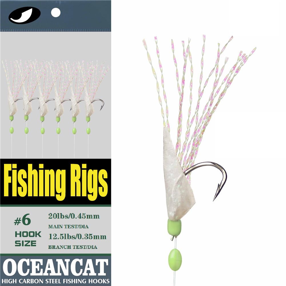OCEAN CAT 10-Pack Rainbow Glow Fishing Rigs - 6 High Carbon Hooks with Lucid Fishskin & Glow Beads for Freshwater & Saltwater Fishing | Perfect for Night Fishing, Surf Casting, and Deep Sea Angling