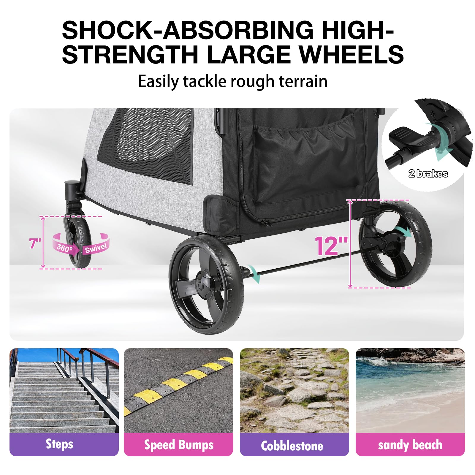 EchoSmile XL Extra Large Dog Stroller for 2 Medium Dogs - Lightweight Foldable Pet Stroller with Adjustable Handles & All-Terrain 4 Wheels - Dual Entry Safety Design Holds Up to 160 lbs (Gray) - Perfect for Park Walks, Vet Visits, and Senior Dog Transportation