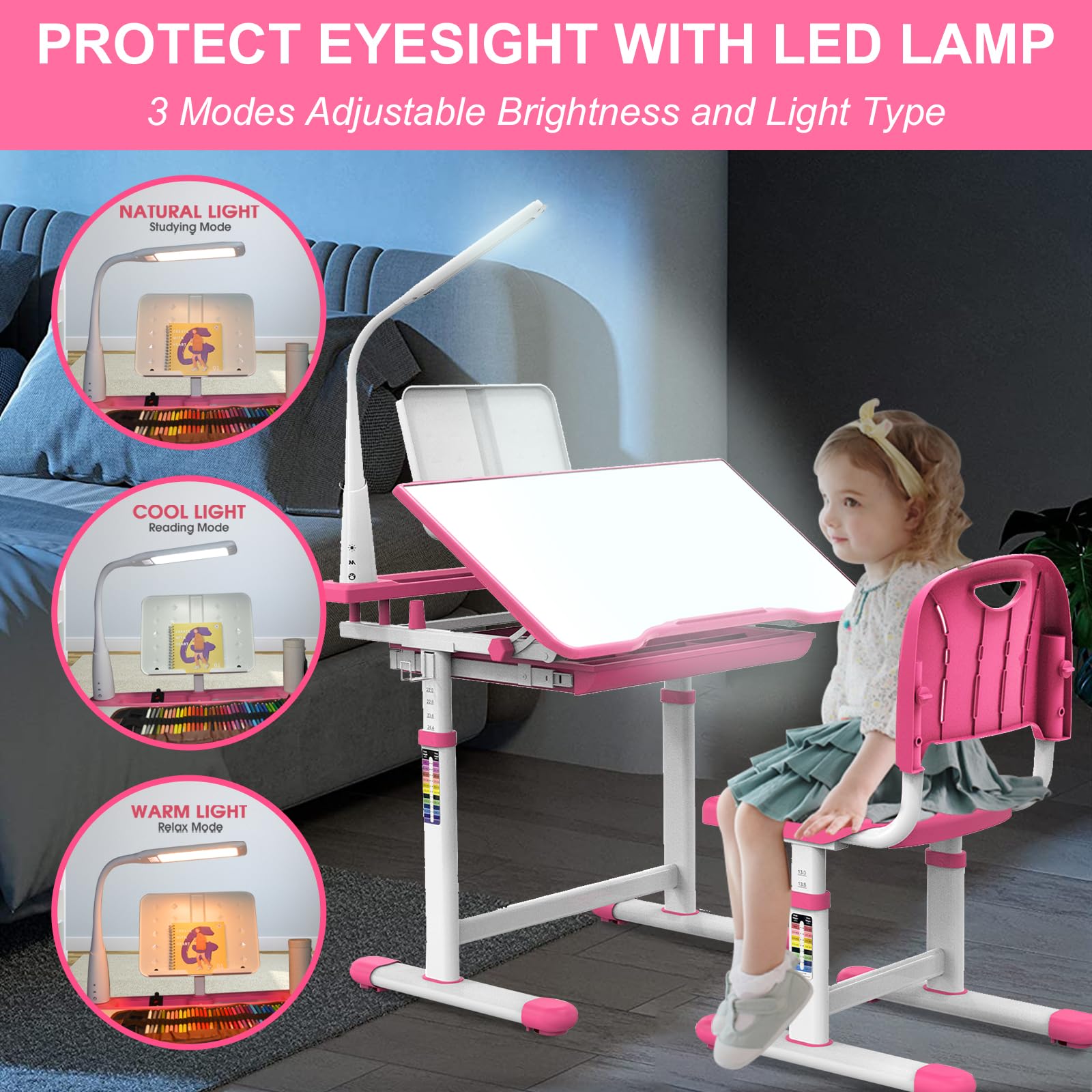 BELANITAS Kids Study Desk and Chair Set - Adjustable 40° Tilt Desktop with LED Light, Ergonomic Children's Writing Table for Ages 5-8 (Pink) - Perfect for Homeschooling, Online Learning & Birthday Gifts