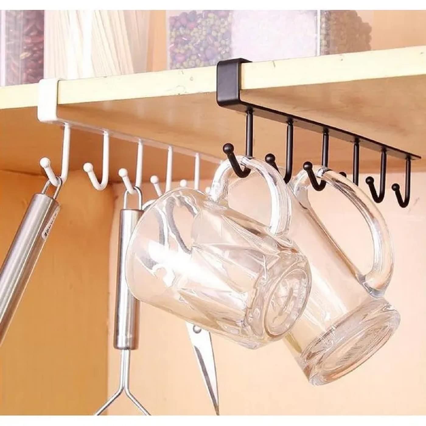 Mopslik - Under Shelf Coffee Mug Holder with 6 Hooks, Metal Hanging Rack Organizer for Kitchen, Cabinet, Table - Space Saving Storage Solution (Black, Pack of 1) - Perfect for Small Kitchens, Dorms, Offices & RVs