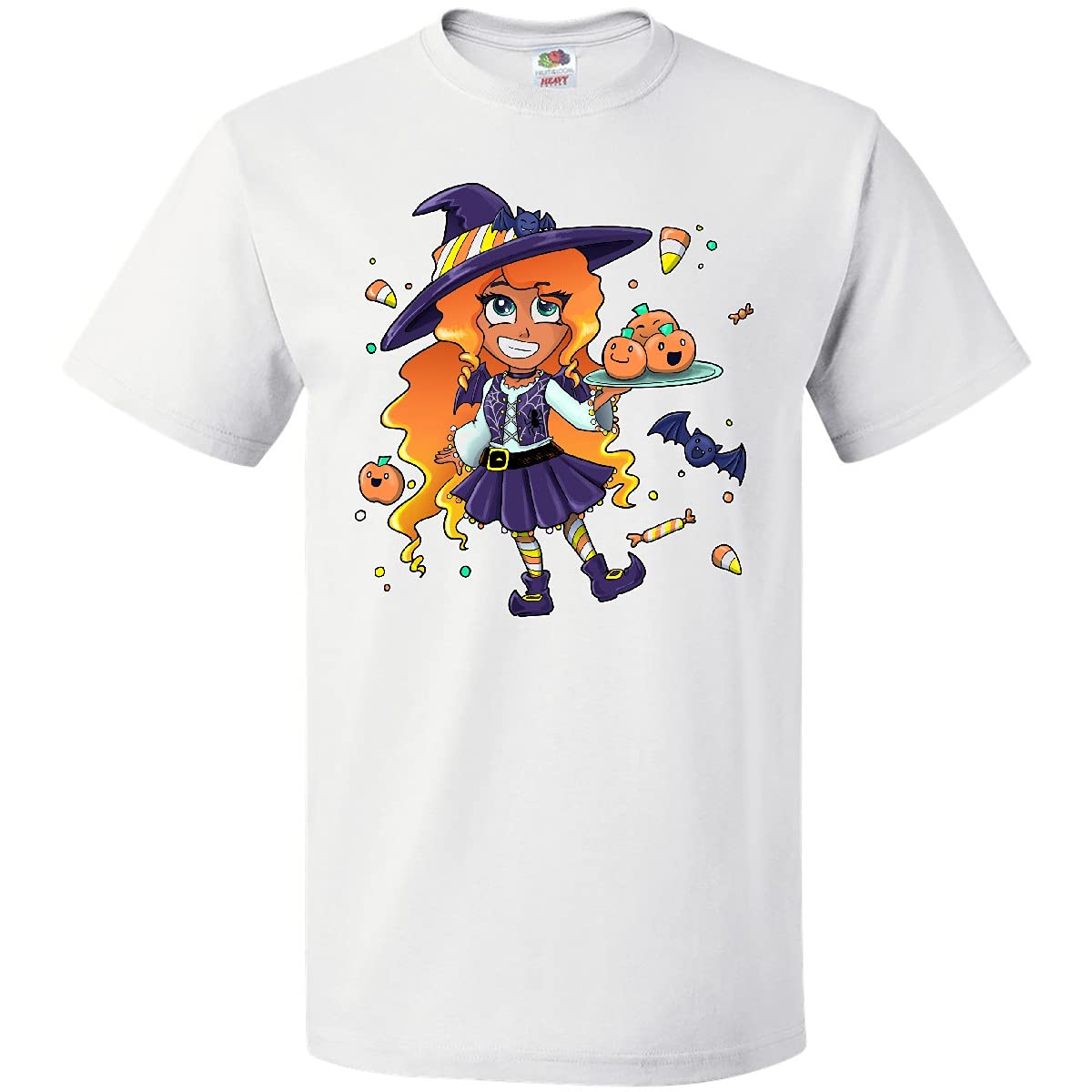 Inktastic Halloween Candy Corn Witch with Pumpkins Graphic T-Shirt - Fun Costume Party Outfit for Women & Teens