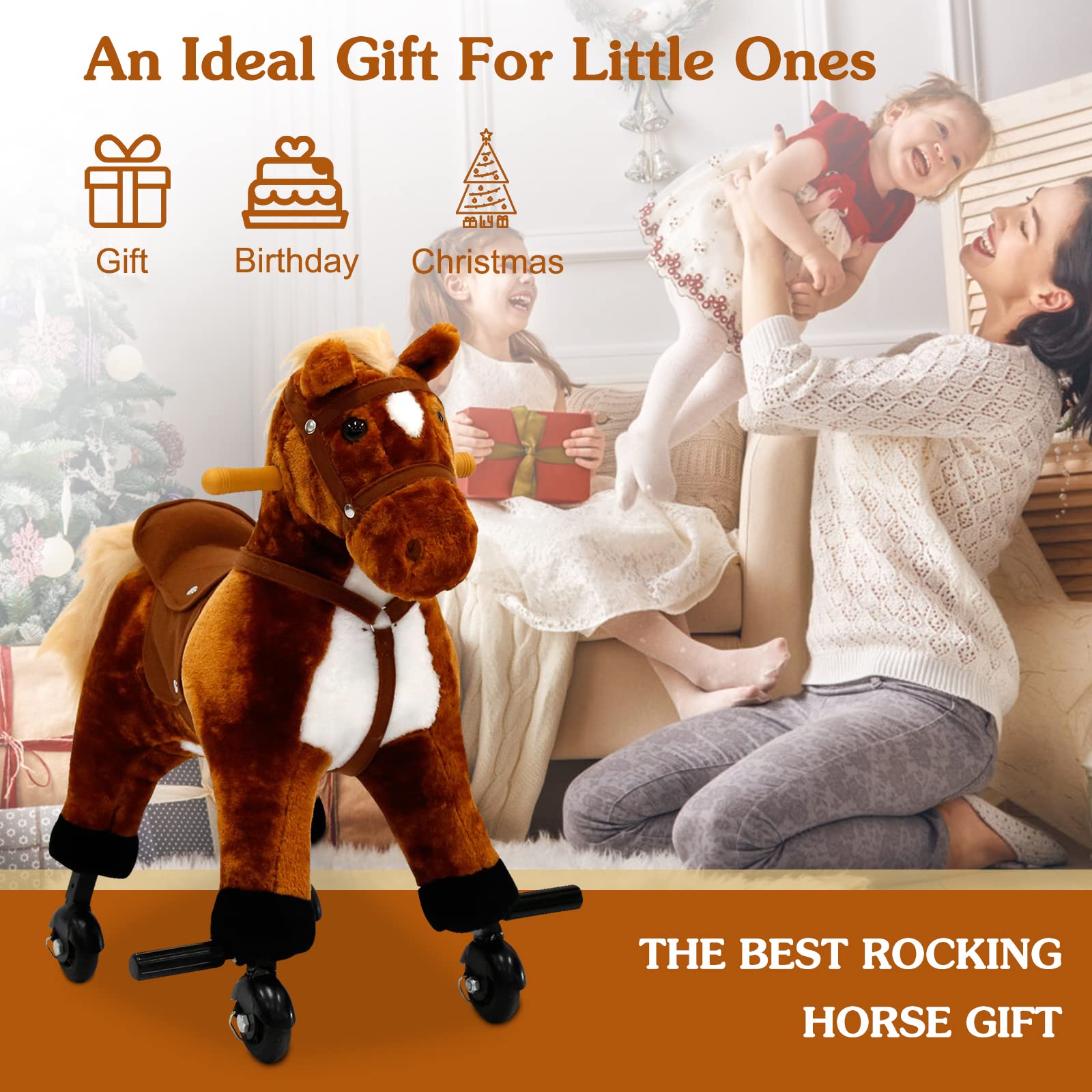 Kids Ride On Horse Toy with Rolling Wheels & Sound - Mechanical Walking Pony for Children Ages 3-6 | Interactive Pretend Play Toy for Indoor & Outdoor Fun