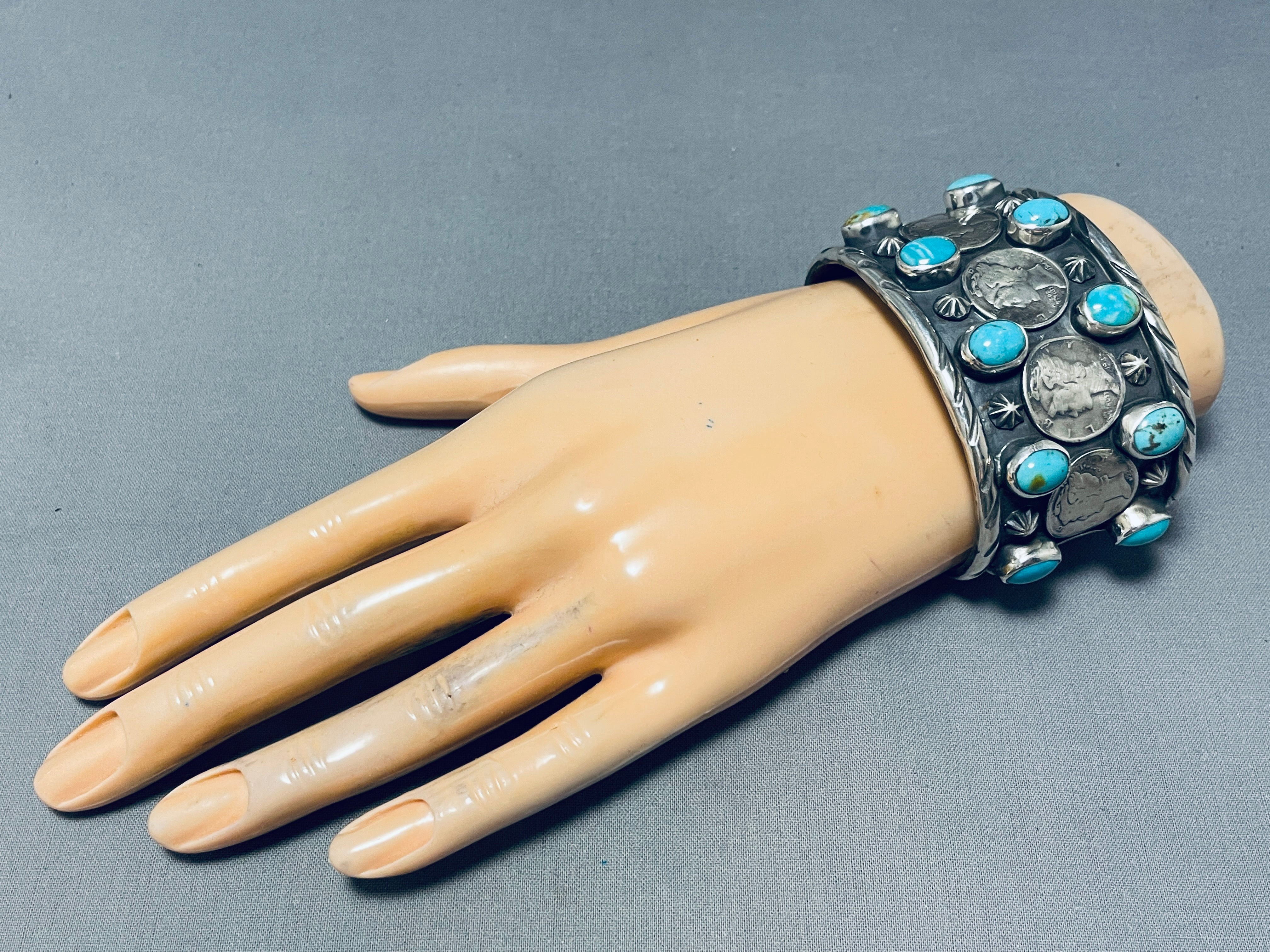 102 Gram Heavy San Felipe Turquoise Sterling Silver Coin Bracelet for Women - Handmade Southwest Native American Jewelry - Perfect for Boho Fashion, Gift Giving & Special Occasions