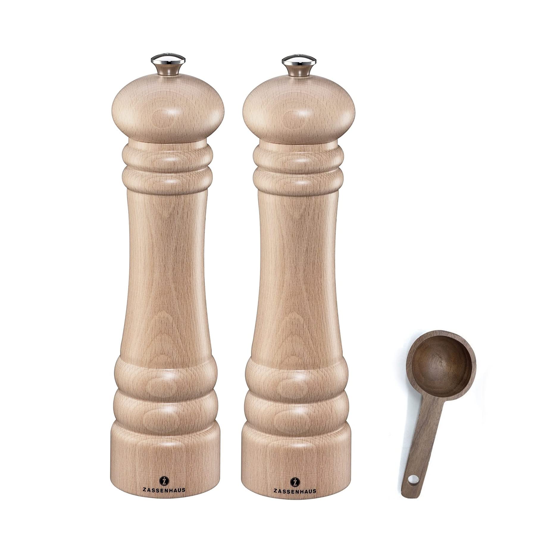 Premium Zassenhaus Berlin Natural Wood Salt and Pepper Mill Set - 9.4 Inch Refillable Grinders with Wooden Scoop - Perfect for Kitchen, Dining Table, and Gourmet Cooking Gifts