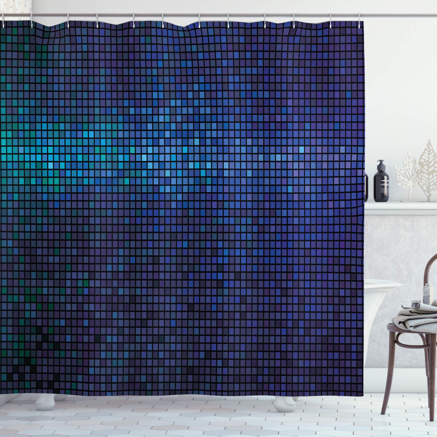 Ambesonne Abstract Shower Curtain - Gradient Fractal Mosaic Square Print Bathroom Decor with Hooks, 69x70 Inches Navy Blue - Waterproof Fabric for Modern Bathrooms & Party Backdrop