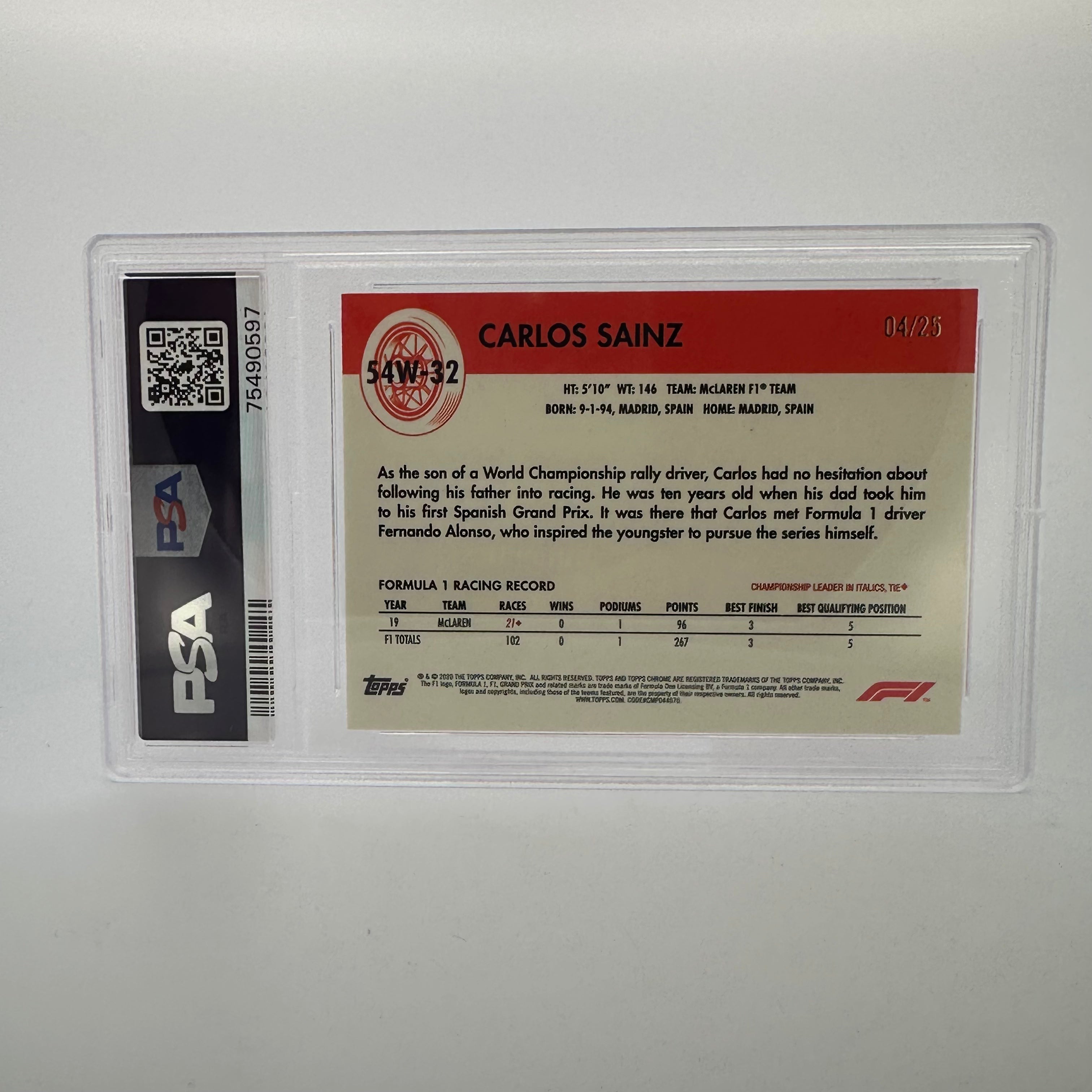 PSA 9 Graded 2004 Carlos Sainz World On Wheels #54W 32 Orange Refractor - Rare Racing Card for Collectors & Display