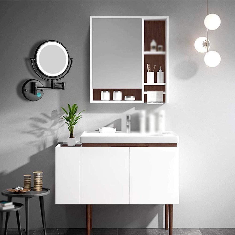 8 Inch Wall Mounted LED Makeup Mirror with 1X/10X Magnification - Touch Dimming, Matte Black Bathroom Vanity Mirror for Shaving & Cosmetics | Perfect for Home, Salon, and Hotel Decor