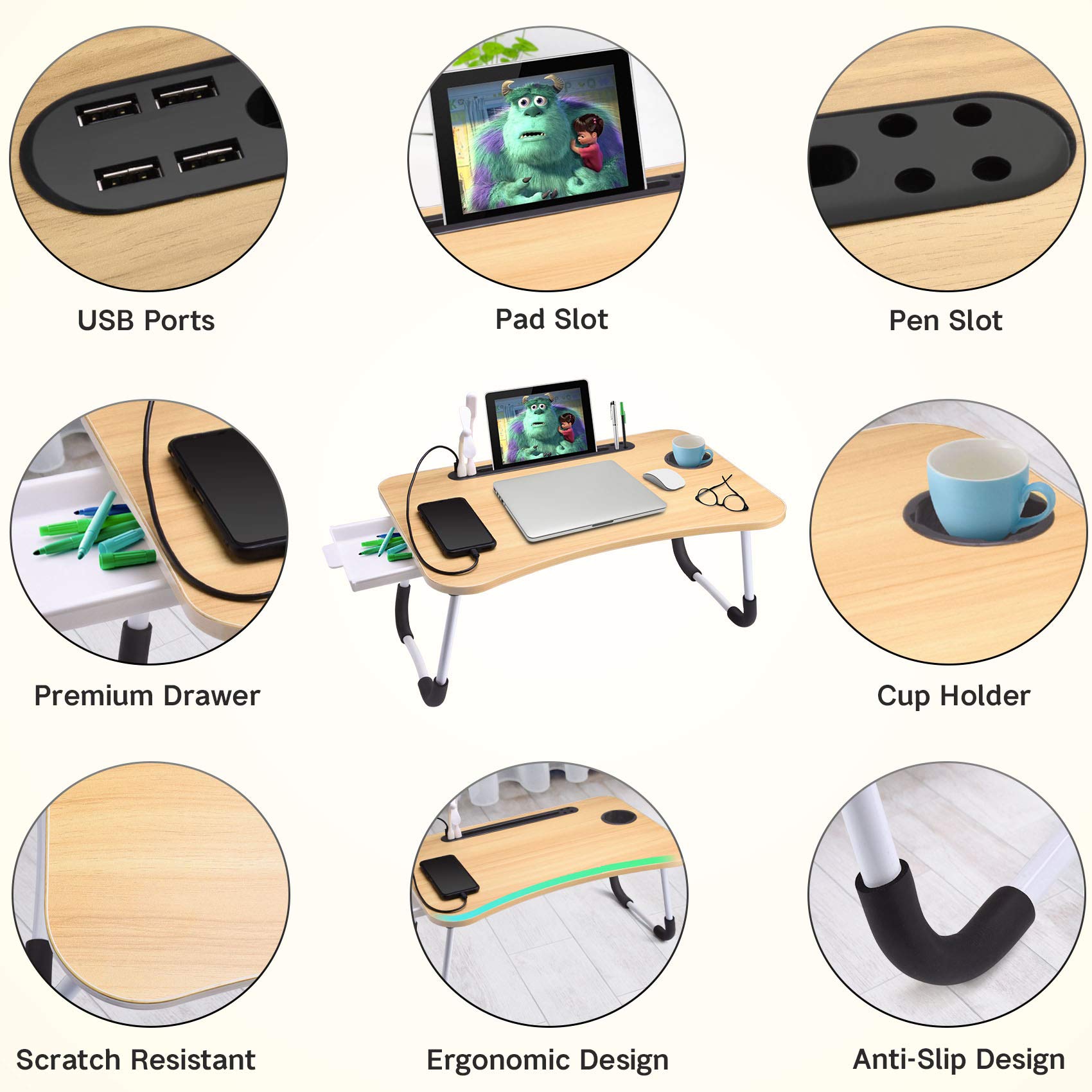 Foldable Laptop Stand with Drawer - Portable Adjustable Laptop Bed Tray for Reading, Writing & Breakfast in Bed - Lightweight Lap Desk for Couch, Sofa & Floor Use - Perfect for Home Office, Dorm & Travel