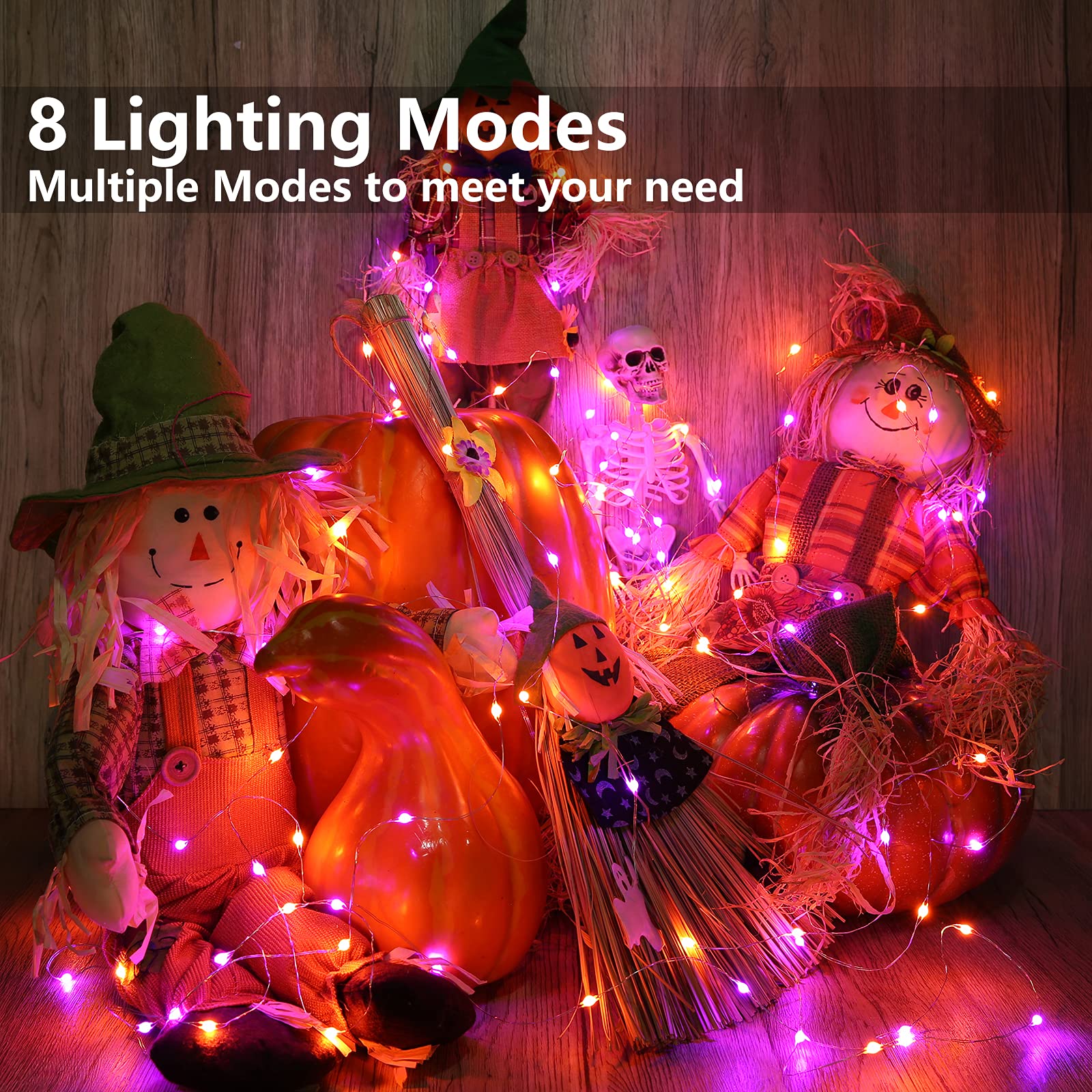 Orange Purple Halloween String Lights - 17.59ft 50 LED Waterproof Fairy Lights with 8 Modes & Battery Power for Outdoor Haunted House Decorations, Party, Garden, and Yard Halloween Decor