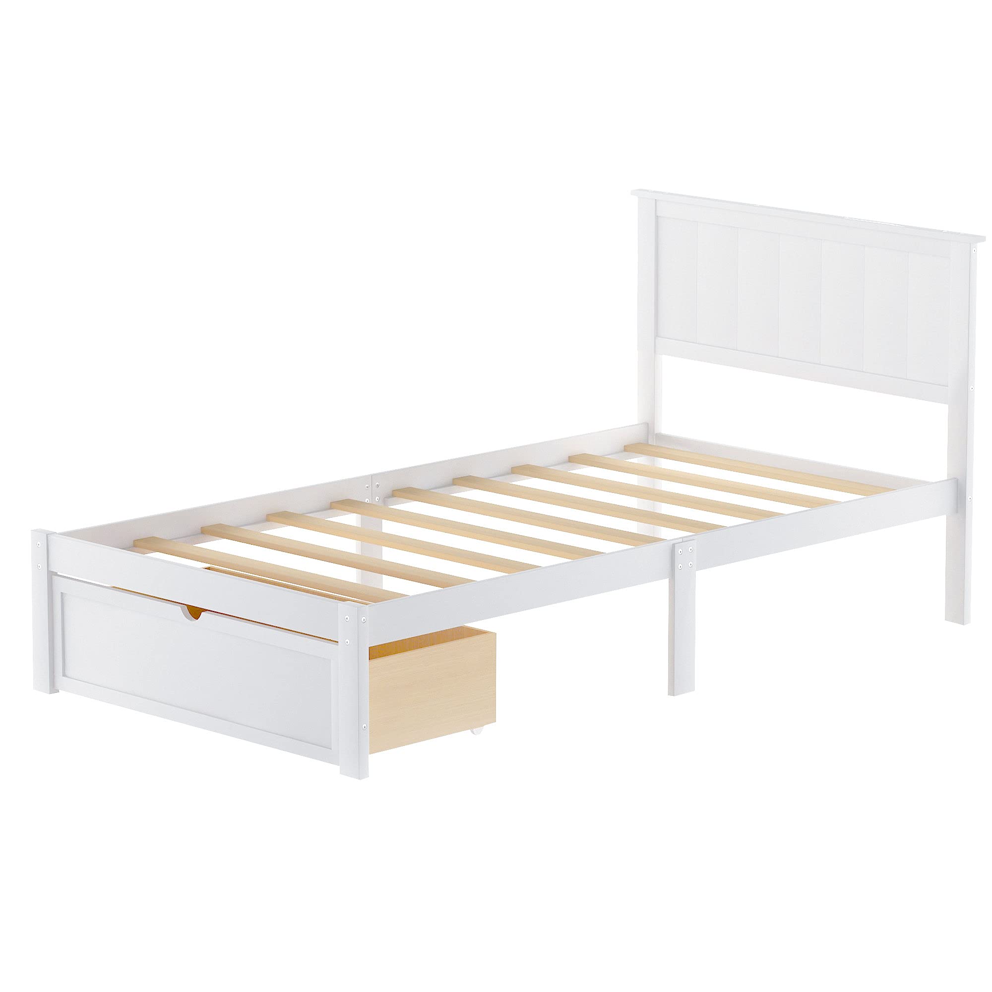 Twin Size Wood Platform Bed Frame with Storage Drawers & Headboard - No Box Spring Needed - Perfect for Kids Room, Guest Bedroom & Small Spaces (White)