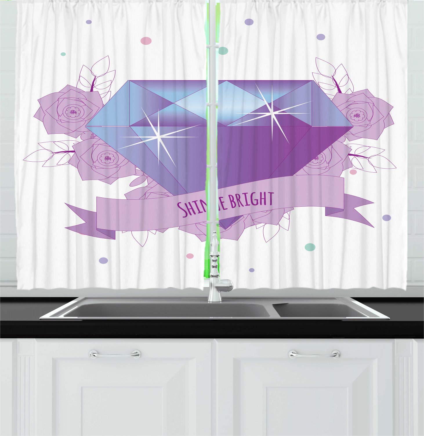 Ambesonne Floral Kitchen Curtains with Crystal Diamond & Roses Design - 2 Panel Set for Window Drapes, 55